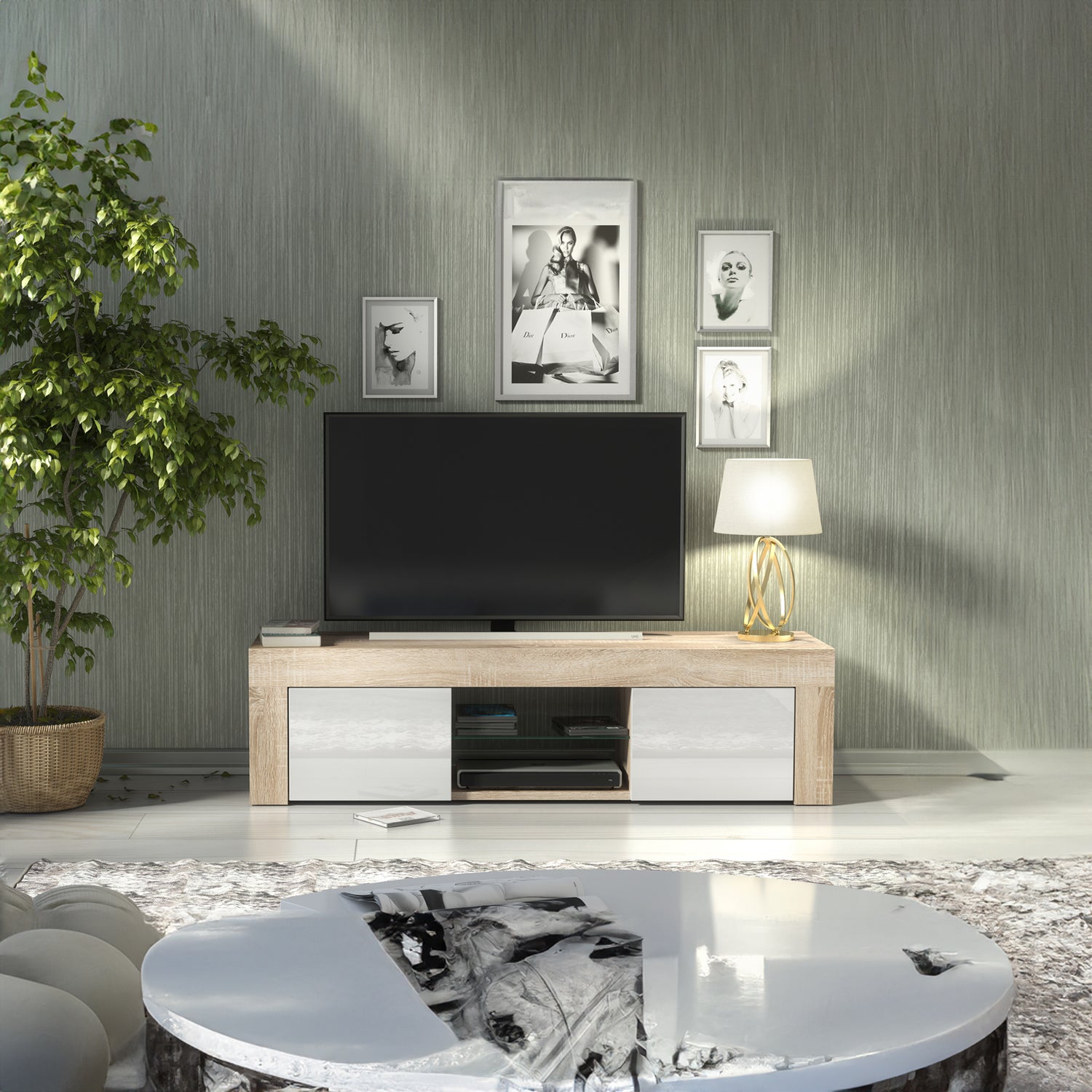 TV Stand – 130cm – High Gloss Doors – LED or Non-LED – Modern Media Cabinet  – LUNARO