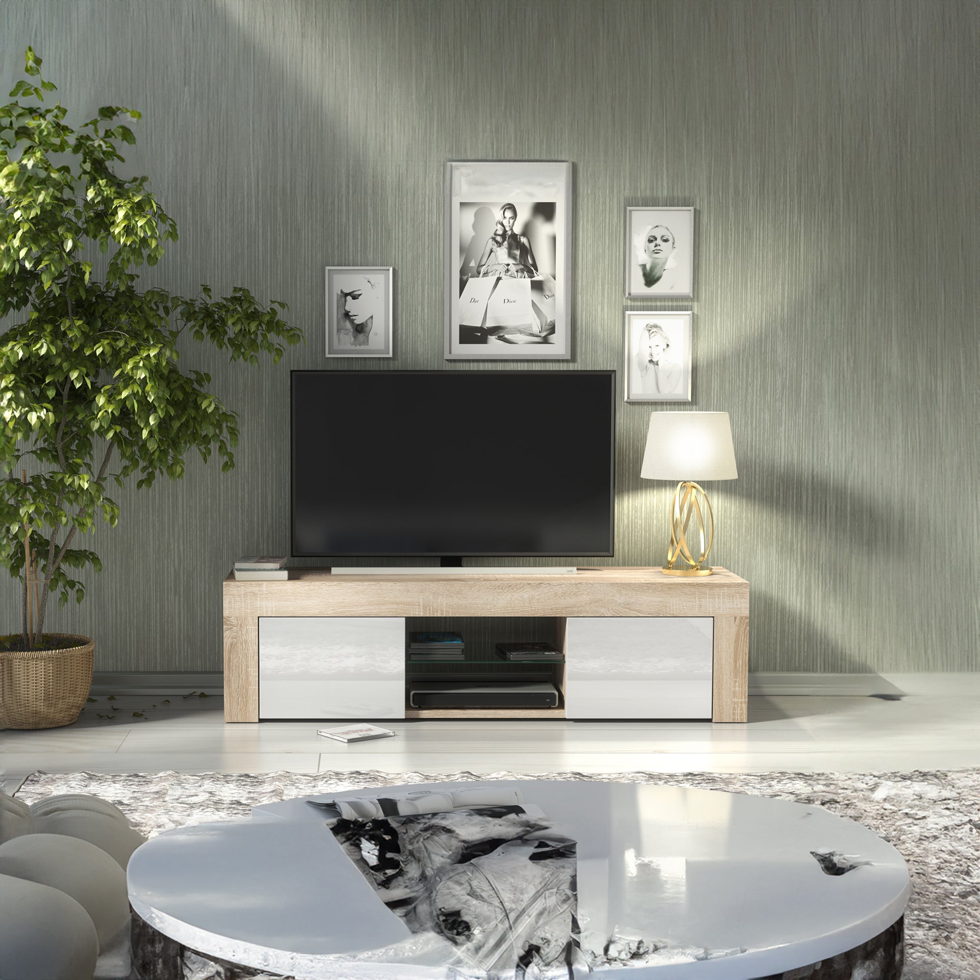 TV Stand – 130cm – High Gloss Doors – LED or Non-LED – Modern Media Cabinet  – LUNARO