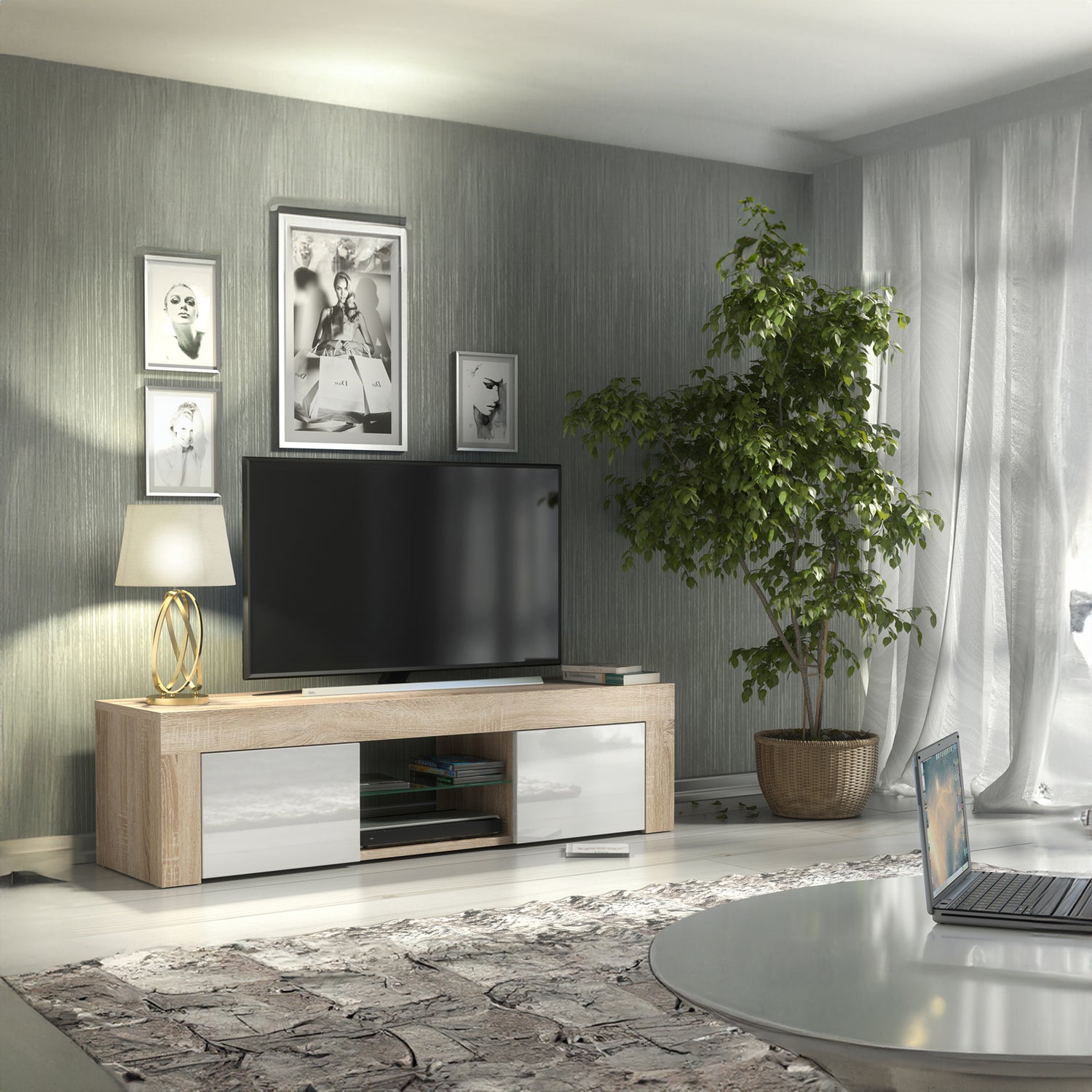 TV Stand – 130cm – High Gloss Doors – LED or Non-LED – Modern Media Cabinet  – LUNARO