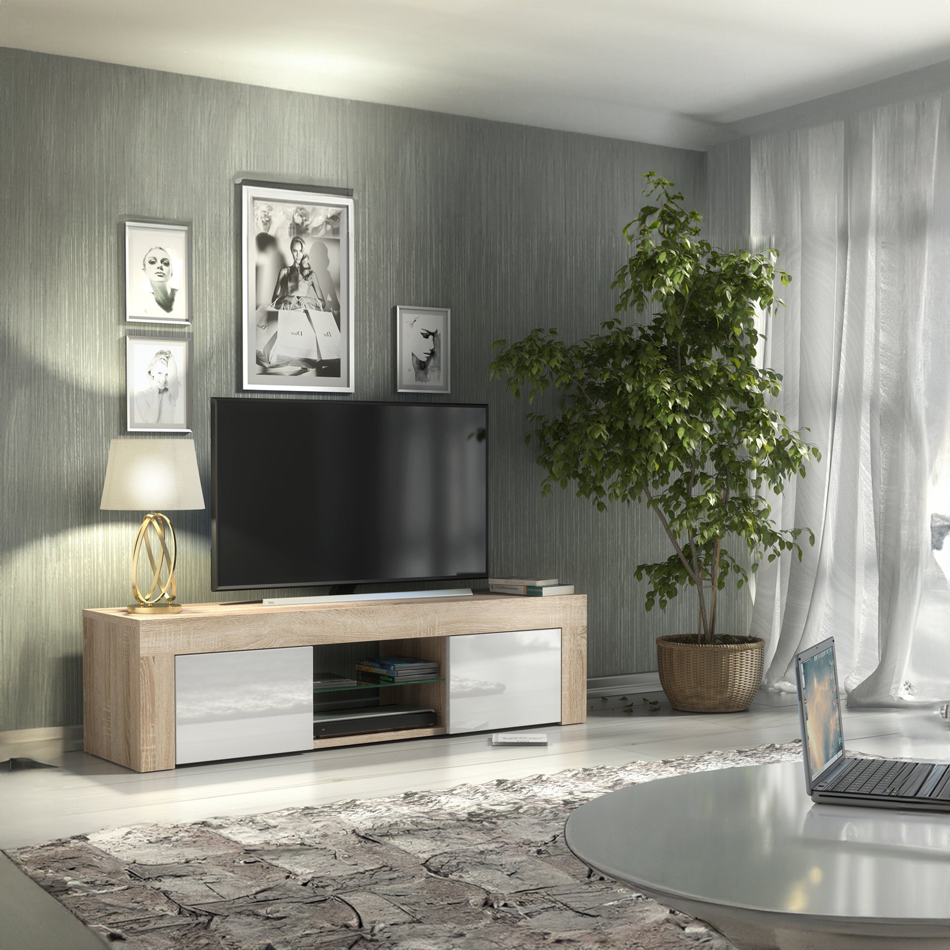 TV Stand – 130cm – High Gloss Doors – LED or Non-LED – Modern Media Cabinet  – LUNARO