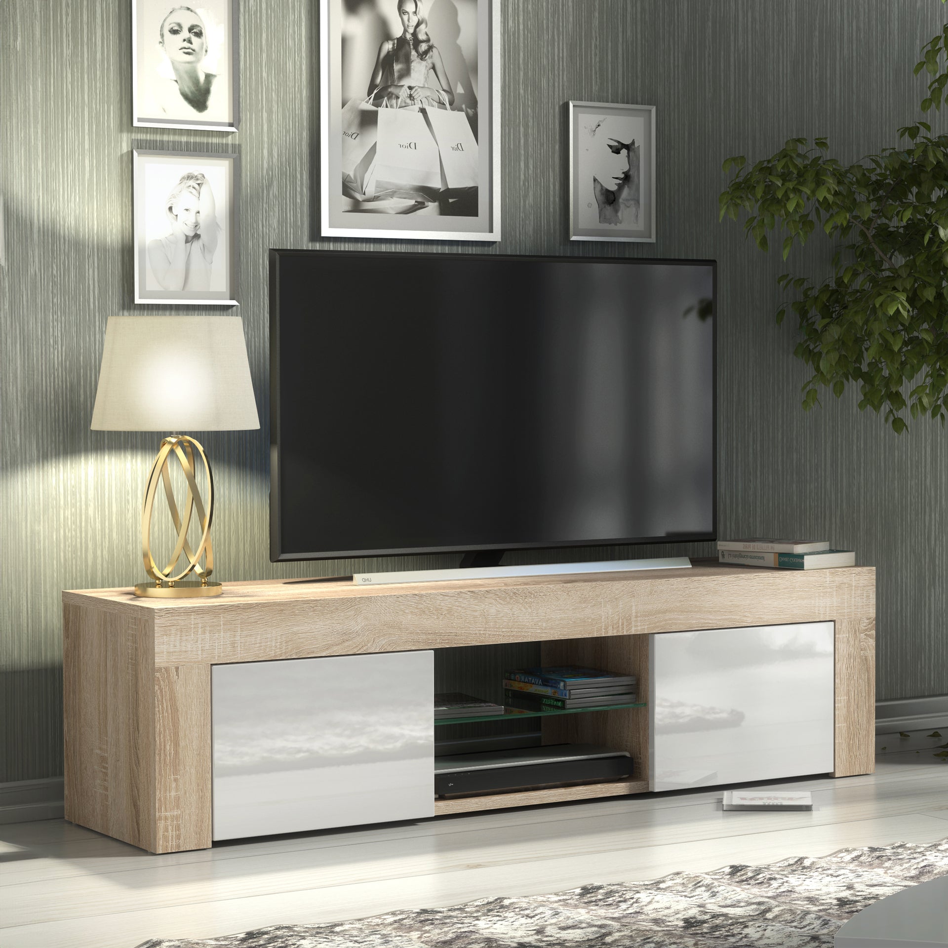 TV Stand – 130cm – High Gloss Doors – LED or Non-LED – Modern Media Cabinet  – LUNARO