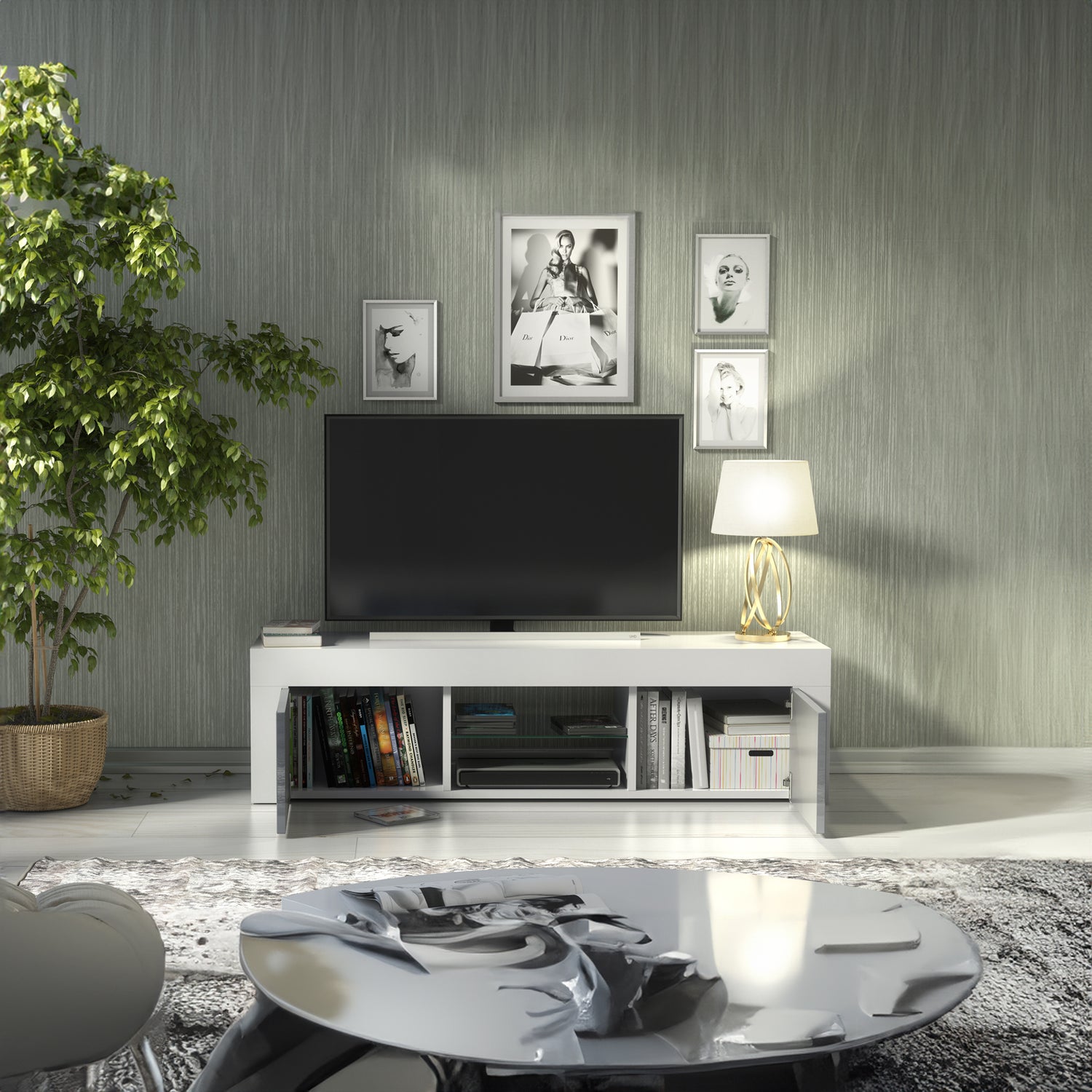 TV Stand – 130cm – High Gloss Doors – LED or Non-LED – Modern Media Cabinet  – LUNARO