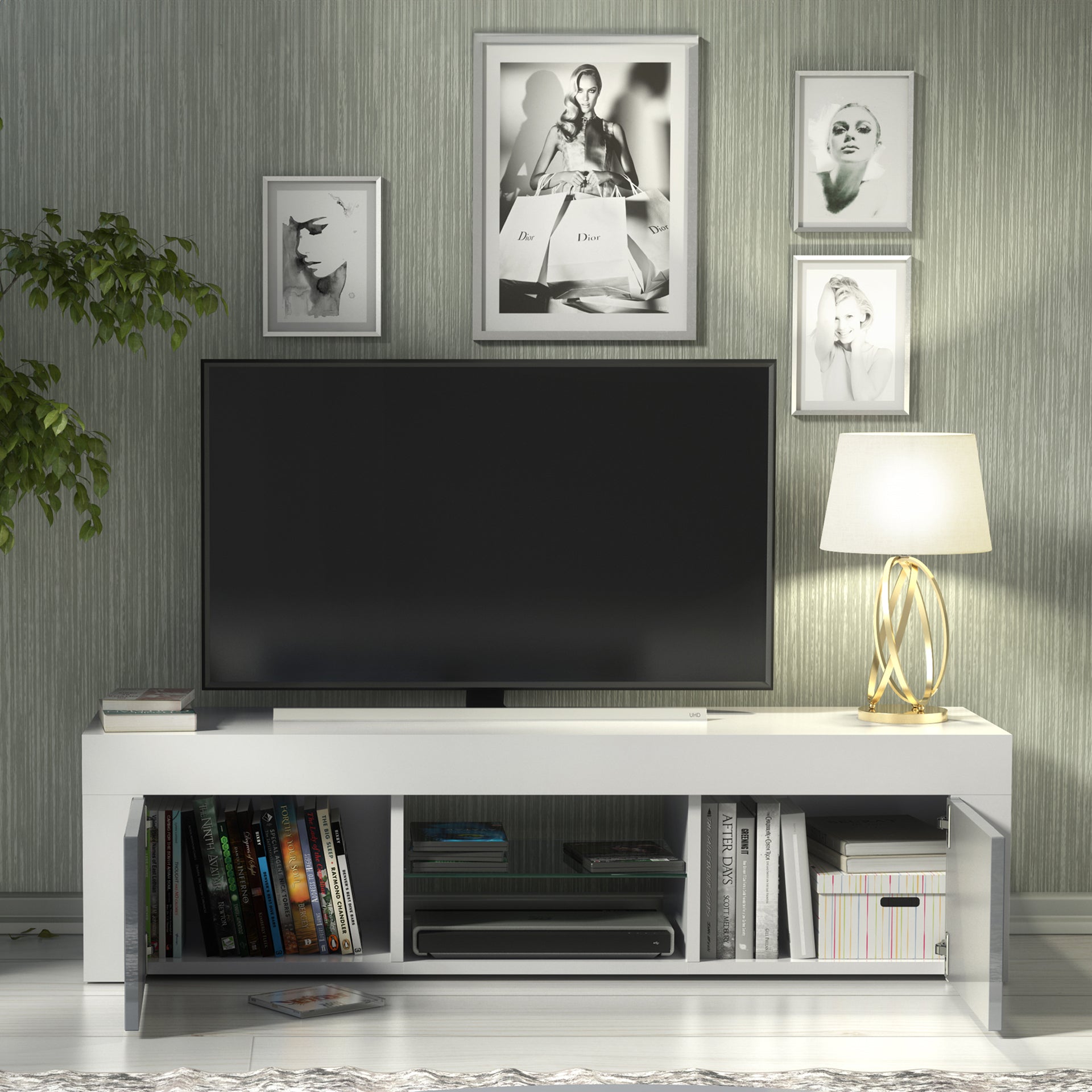 TV Stand – 130cm – High Gloss Doors – LED or Non-LED – Modern Media Cabinet  – LUNARO