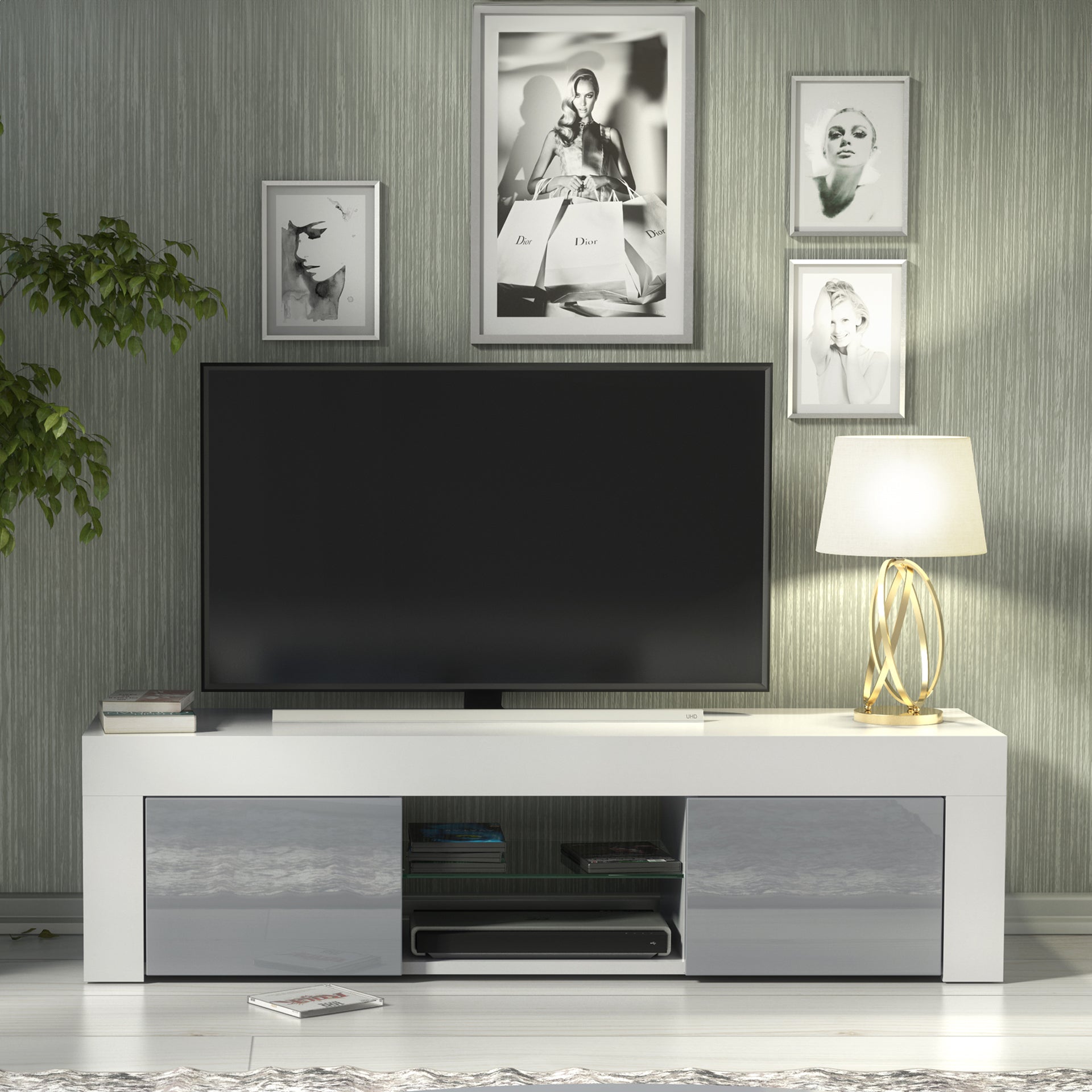TV Stand – 130cm – High Gloss Doors – LED or Non-LED – Modern Media Cabinet  – LUNARO