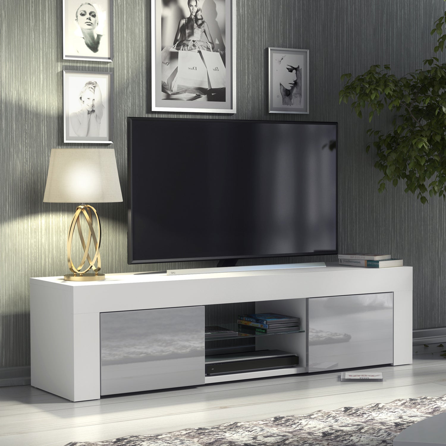 TV Stand – 130cm – High Gloss Doors – LED or Non-LED – Modern Media Cabinet  – LUNARO