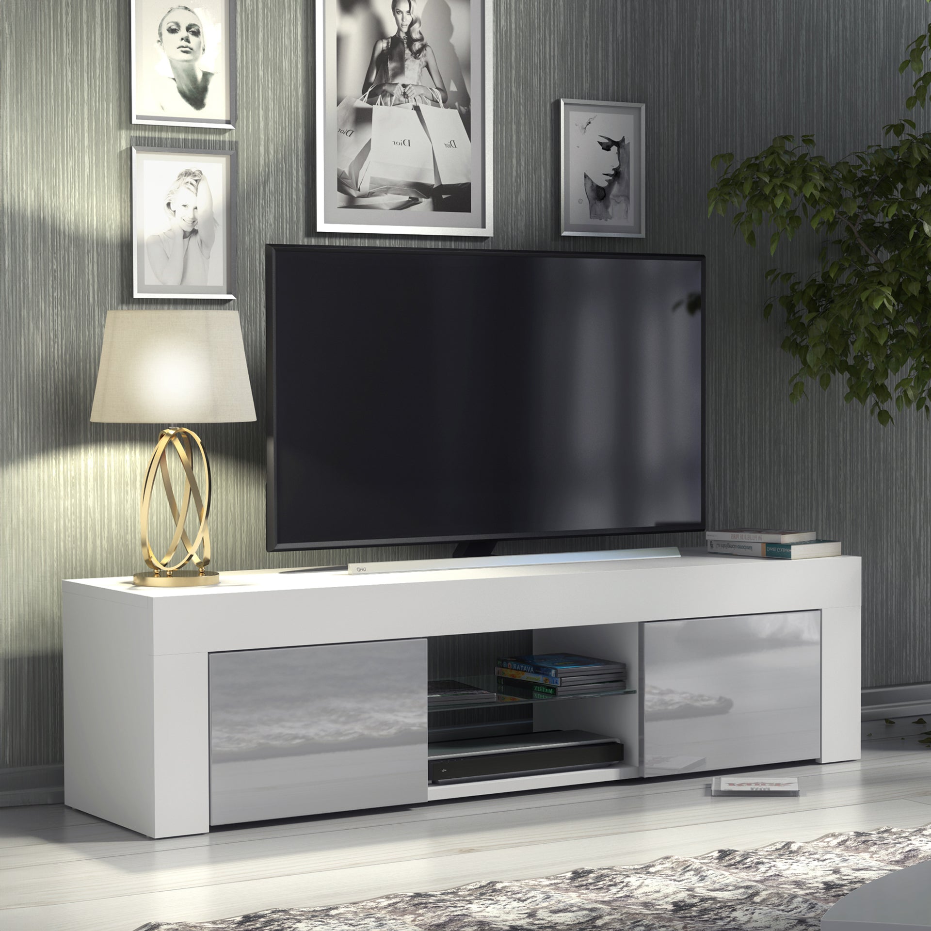 TV Stand – 130cm – High Gloss Doors – LED or Non-LED – Modern Media Cabinet  – LUNARO