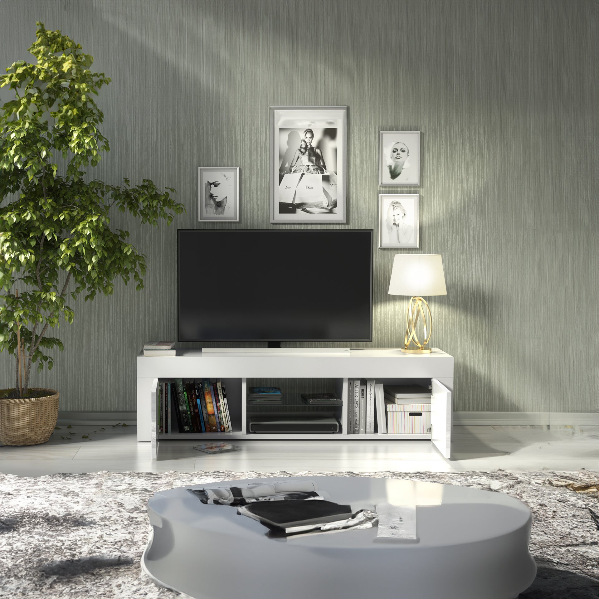 TV Stand – 130cm – High Gloss Doors – LED or Non-LED – Modern Media Cabinet  – LUNARO