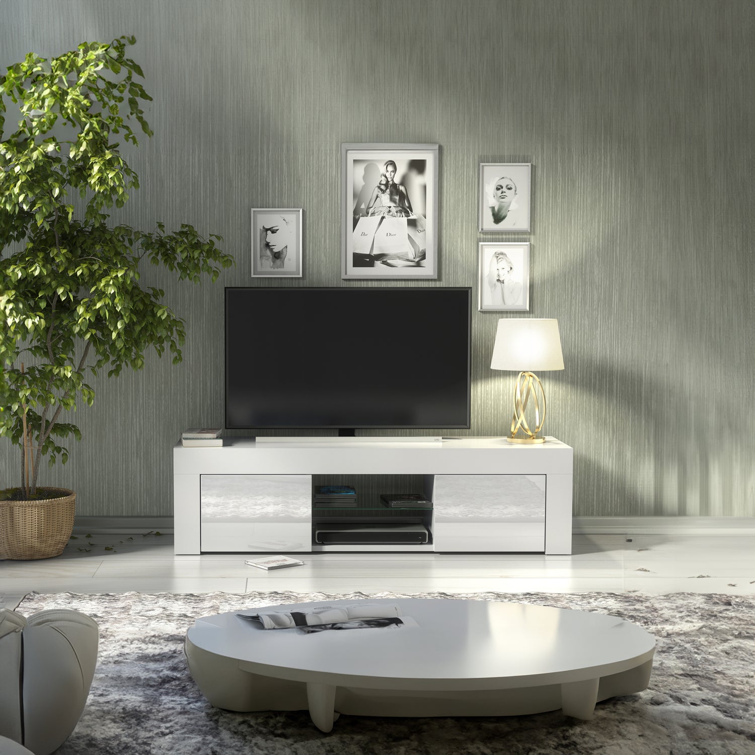 TV Stand – 130cm – High Gloss Doors – LED or Non-LED – Modern Media Cabinet  – LUNARO