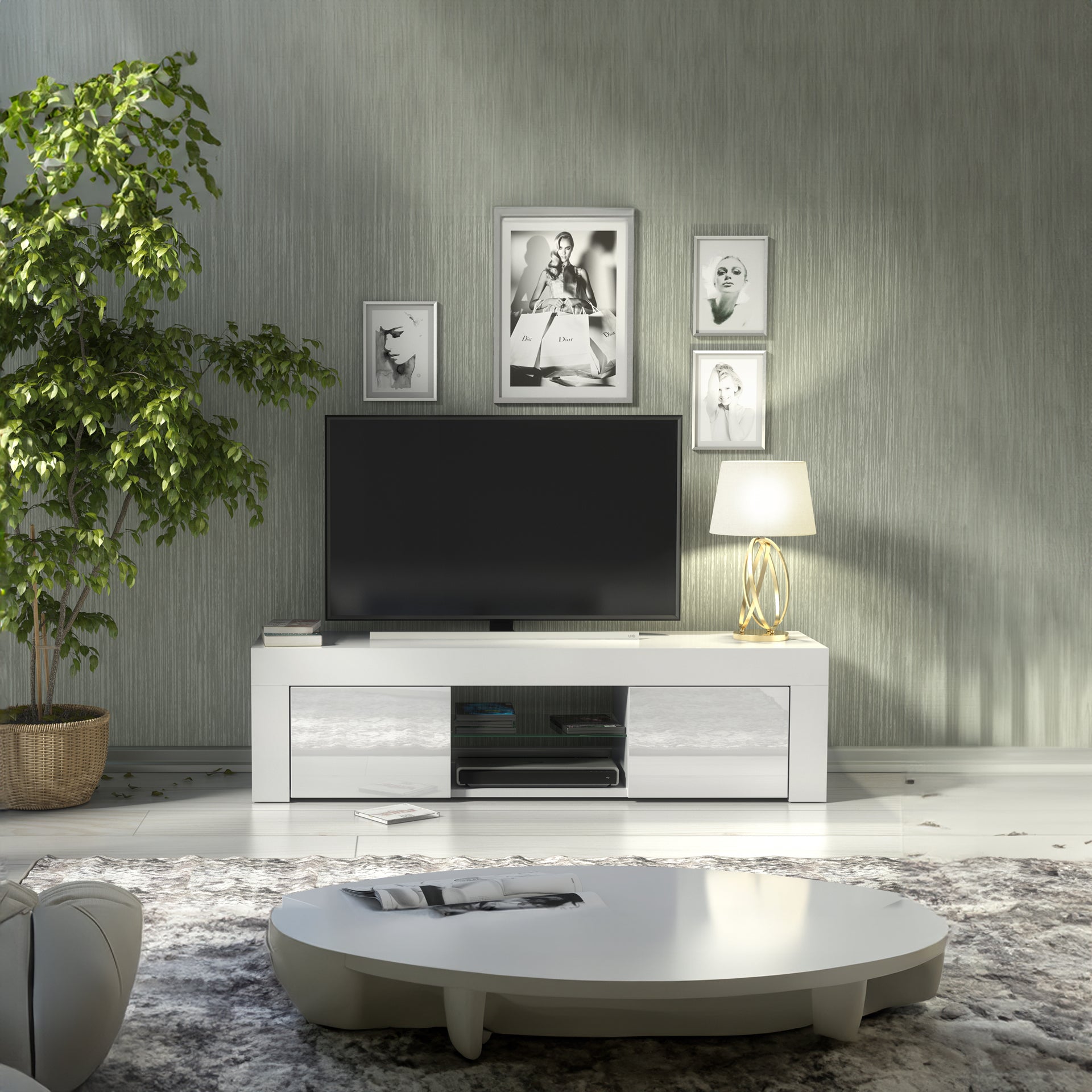 TV Stand – 130cm – High Gloss Doors – LED or Non-LED – Modern Media Cabinet  – LUNARO