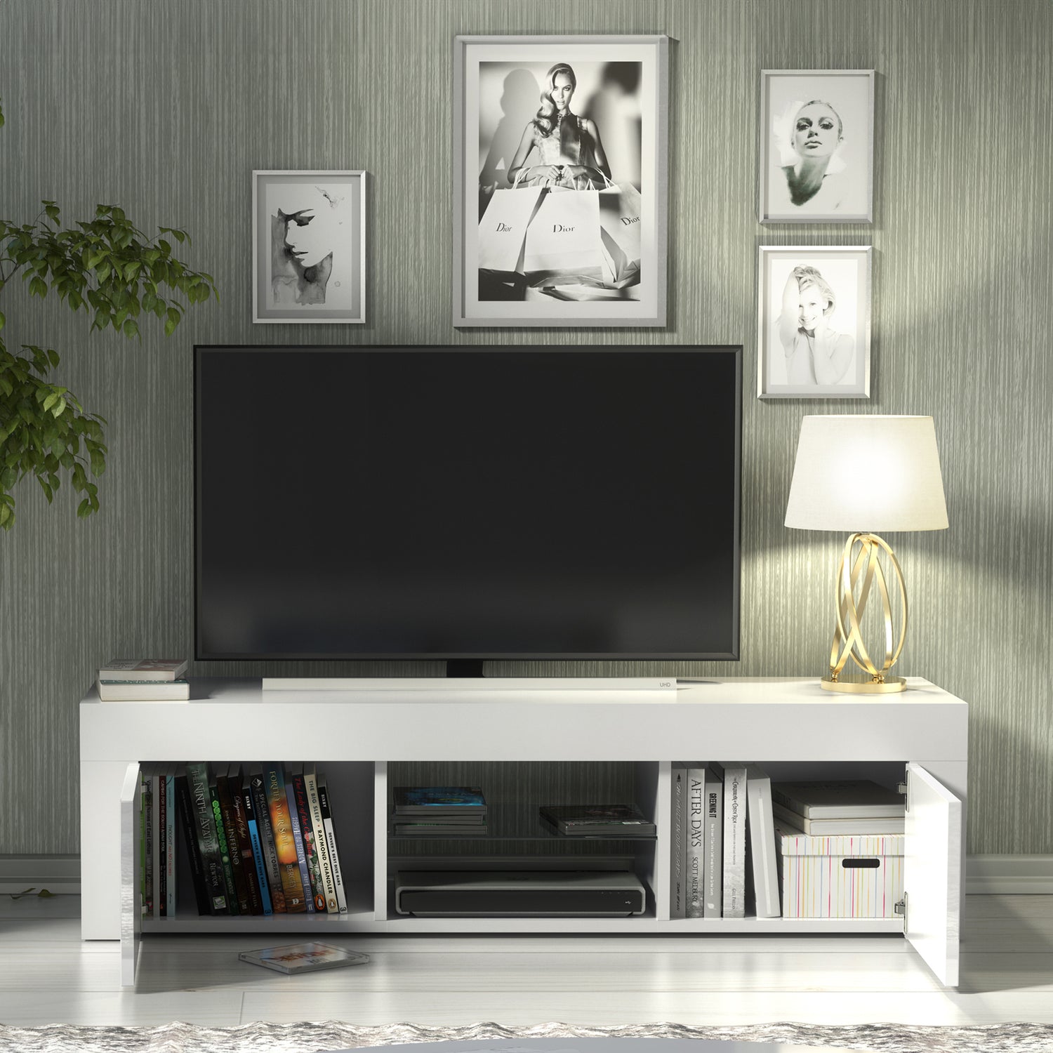 TV Stand – 130cm – High Gloss Doors – LED or Non-LED – Modern Media Cabinet  – LUNARO