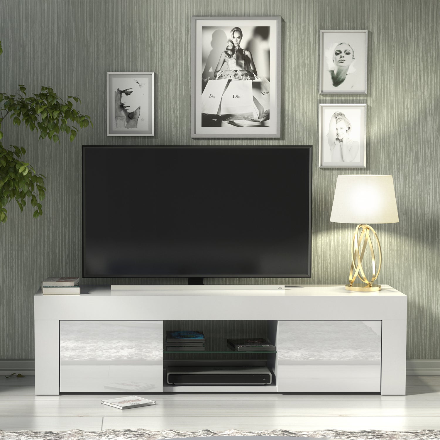 TV Stand – 130cm – High Gloss Doors – LED or Non-LED – Modern Media Cabinet  – LUNARO