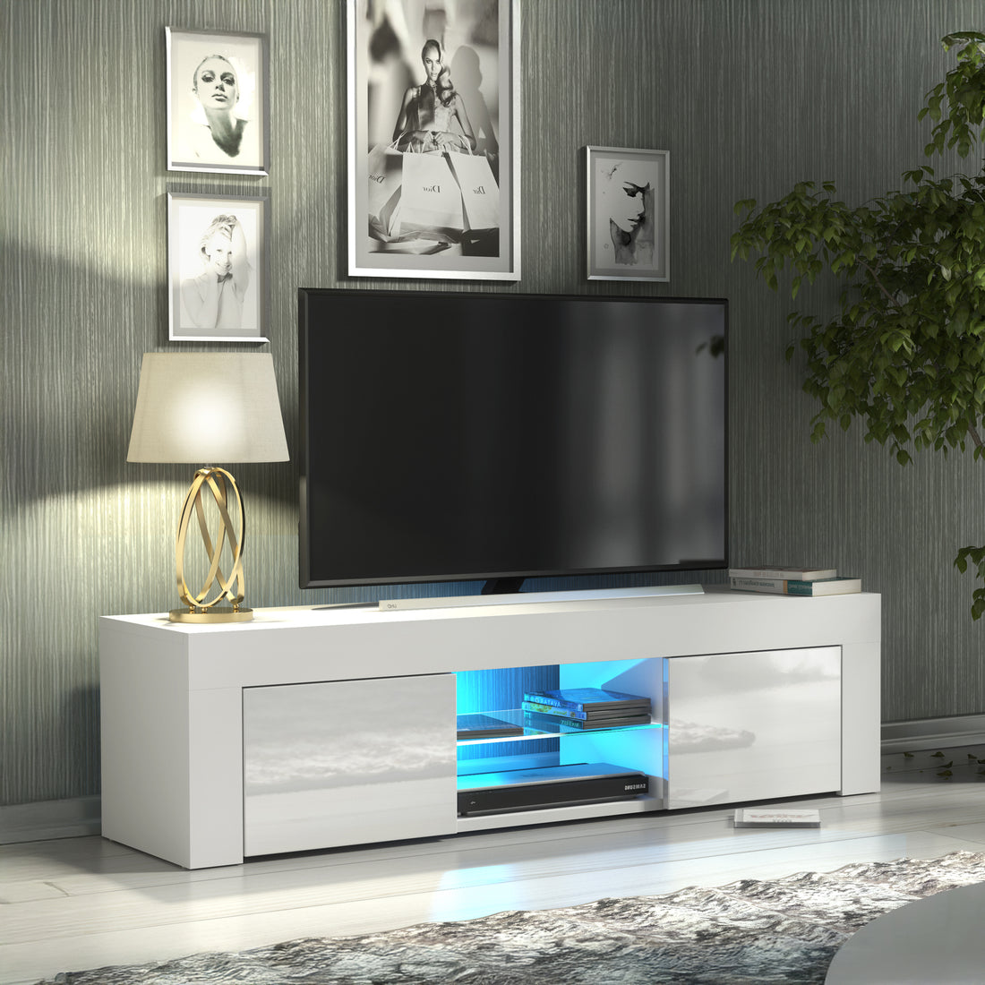 TV Stand – 130cm – High Gloss Doors – LED or Non-LED – Modern Media Cabinet  – LUNARO