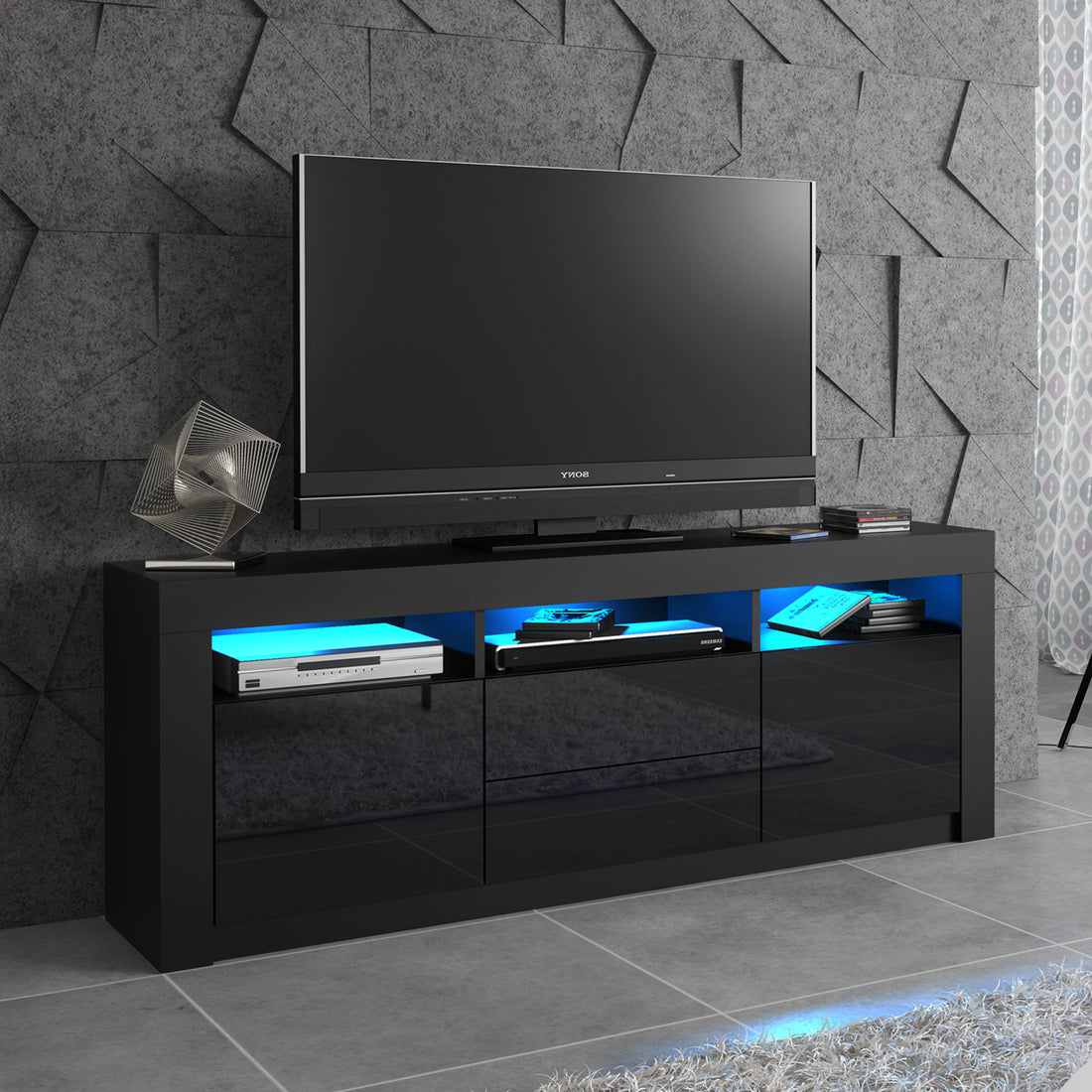TV Stand – 160cm – High Gloss Doors – LED or Non-LED – Modern Storage Cabinet – LUNARO