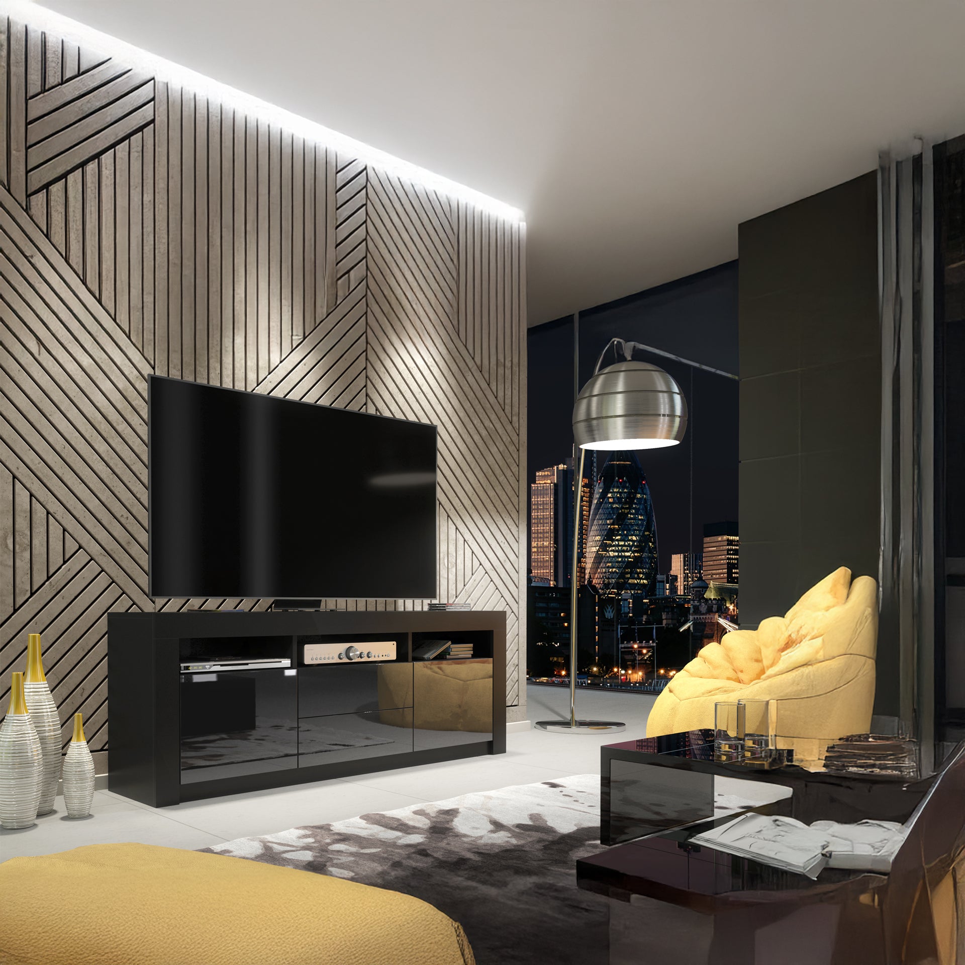 TV Stand – 160cm – High Gloss Doors – LED or Non-LED – Modern Storage Cabinet – LUNARO