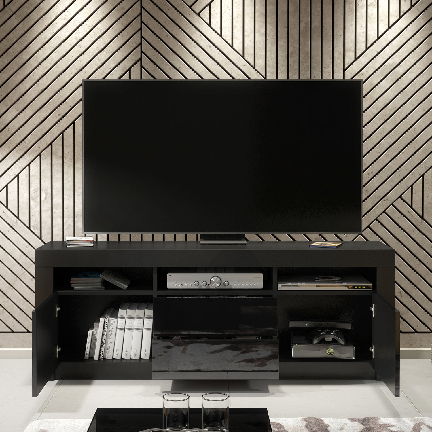 TV Stand – 160cm – High Gloss Doors – LED or Non-LED – Modern Storage Cabinet – LUNARO