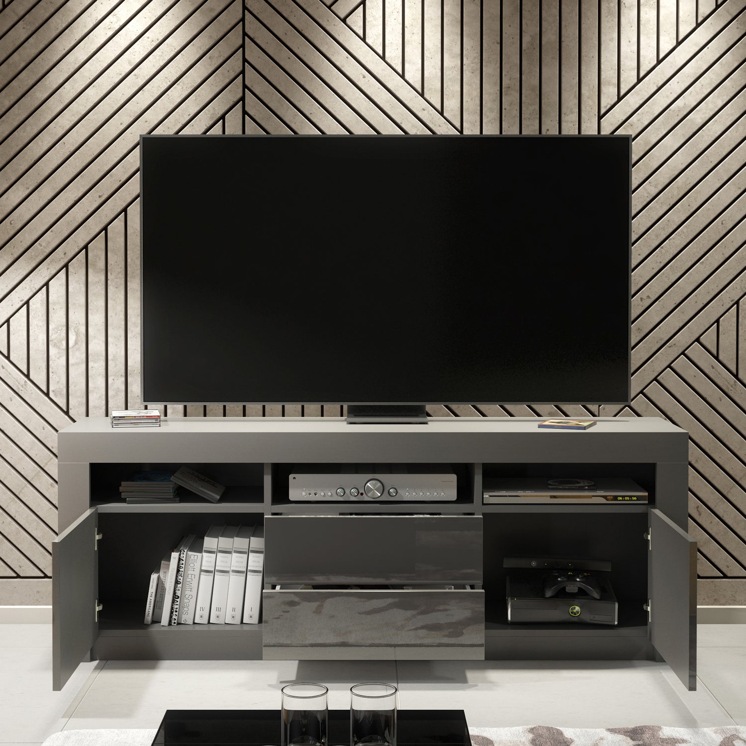 TV Stand – 160cm – High Gloss Doors – LED or Non-LED – Modern Storage Cabinet – LUNARO