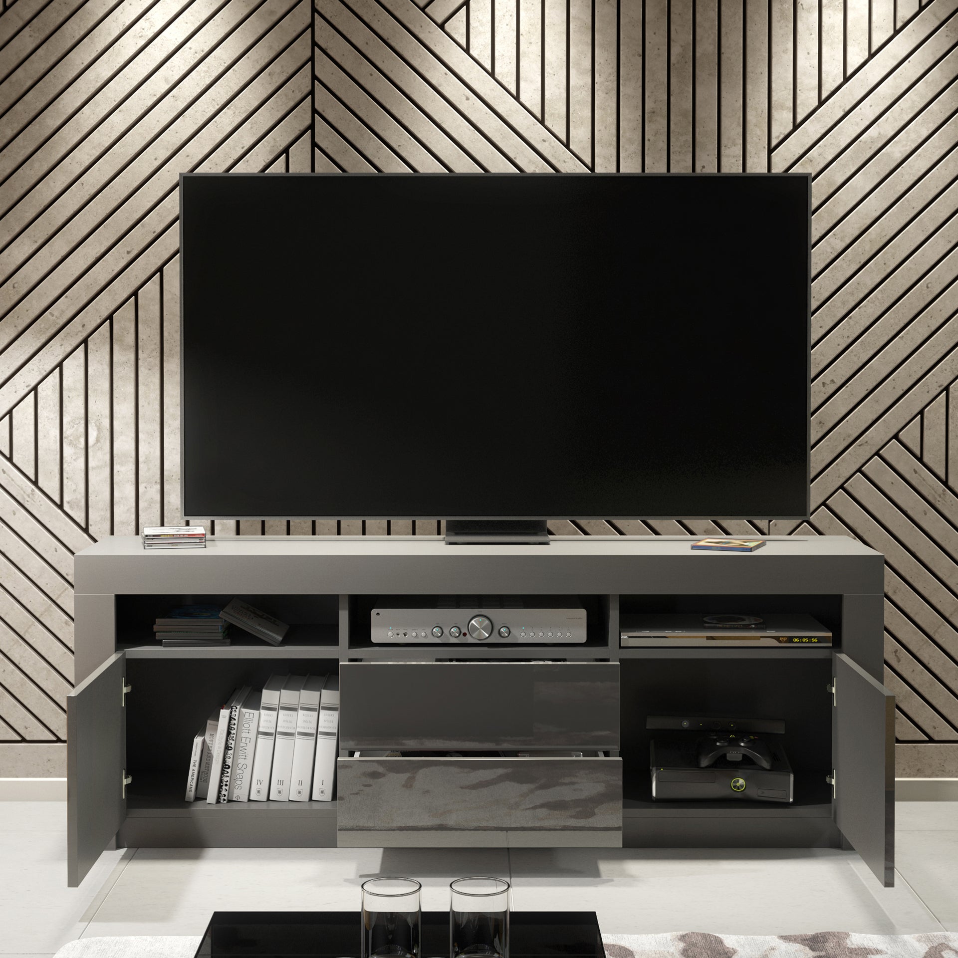 TV Stand – 160cm – High Gloss Doors – LED or Non-LED – Modern Storage Cabinet – LUNARO