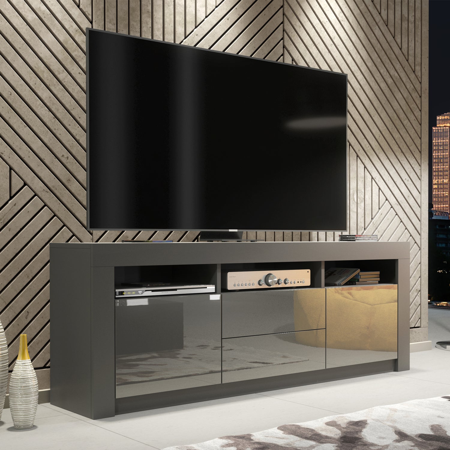 TV Stand – 160cm – High Gloss Doors – LED or Non-LED – Modern Storage Cabinet – LUNARO