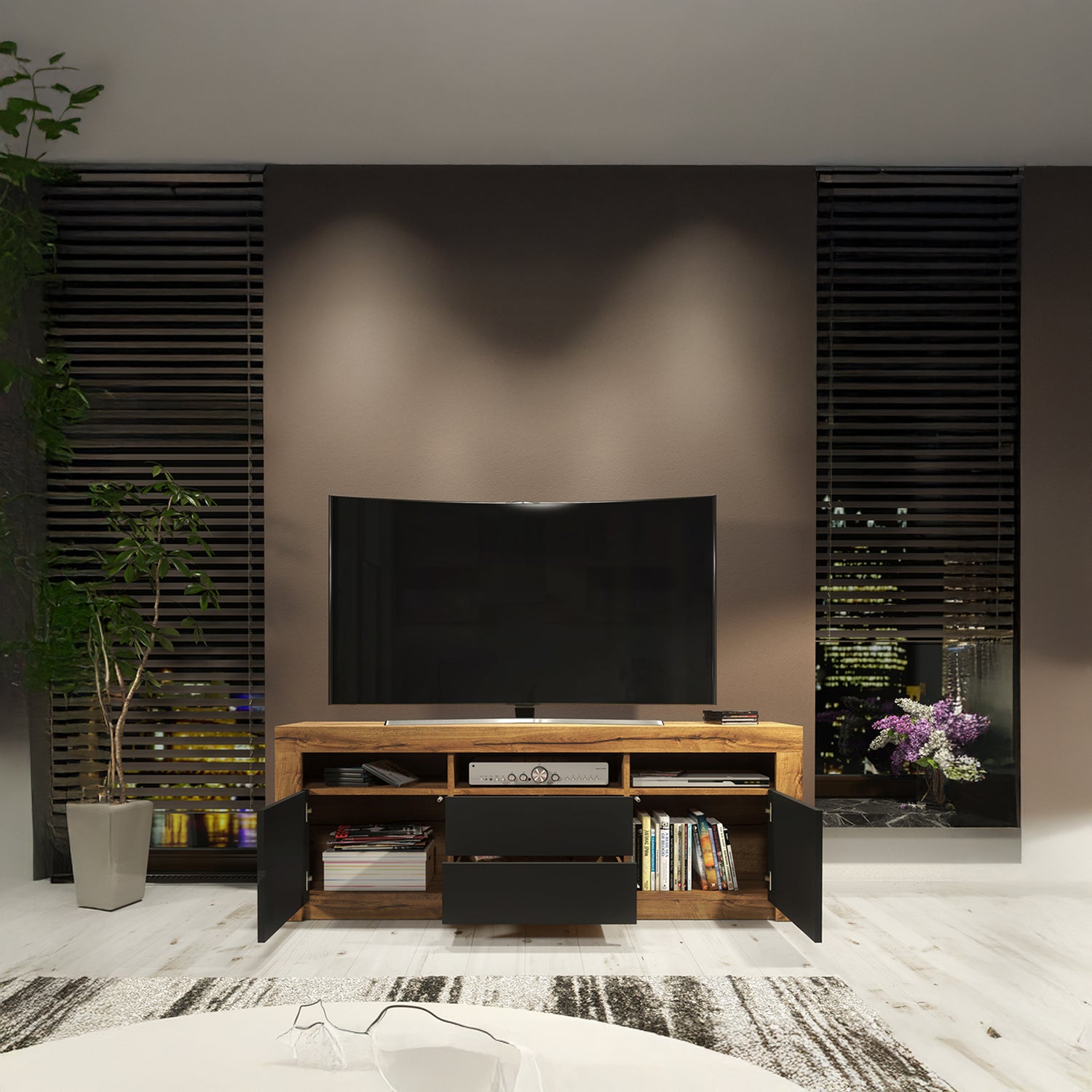 TV Stand – 160cm – High Gloss Doors – LED or Non-LED – Modern Storage Cabinet – LUNARO