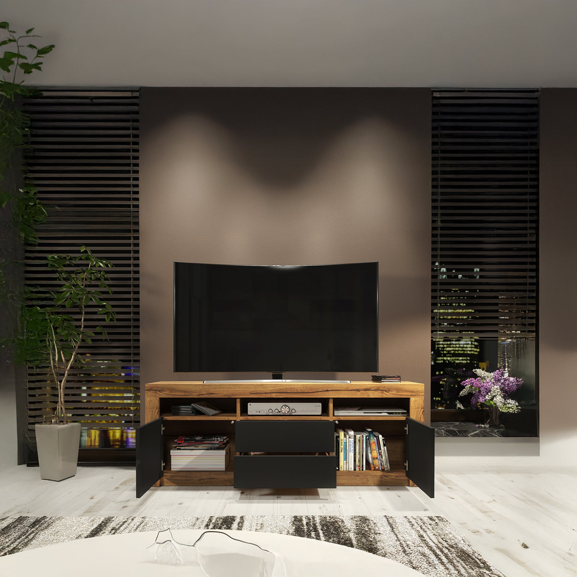 TV Stand – 160cm – High Gloss Doors – LED or Non-LED – Modern Storage Cabinet – LUNARO