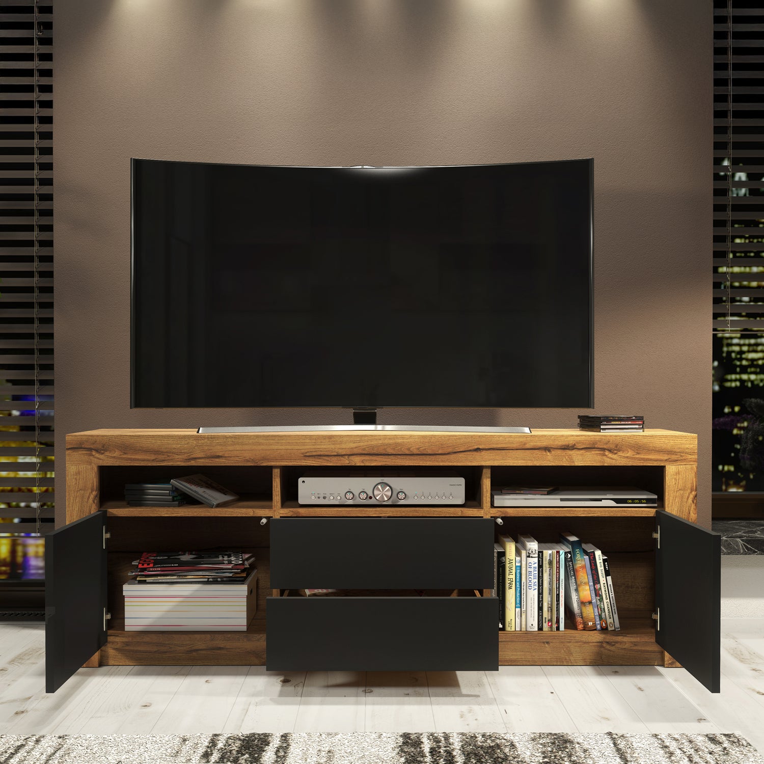 TV Stand – 160cm – High Gloss Doors – LED or Non-LED – Modern Storage Cabinet – LUNARO