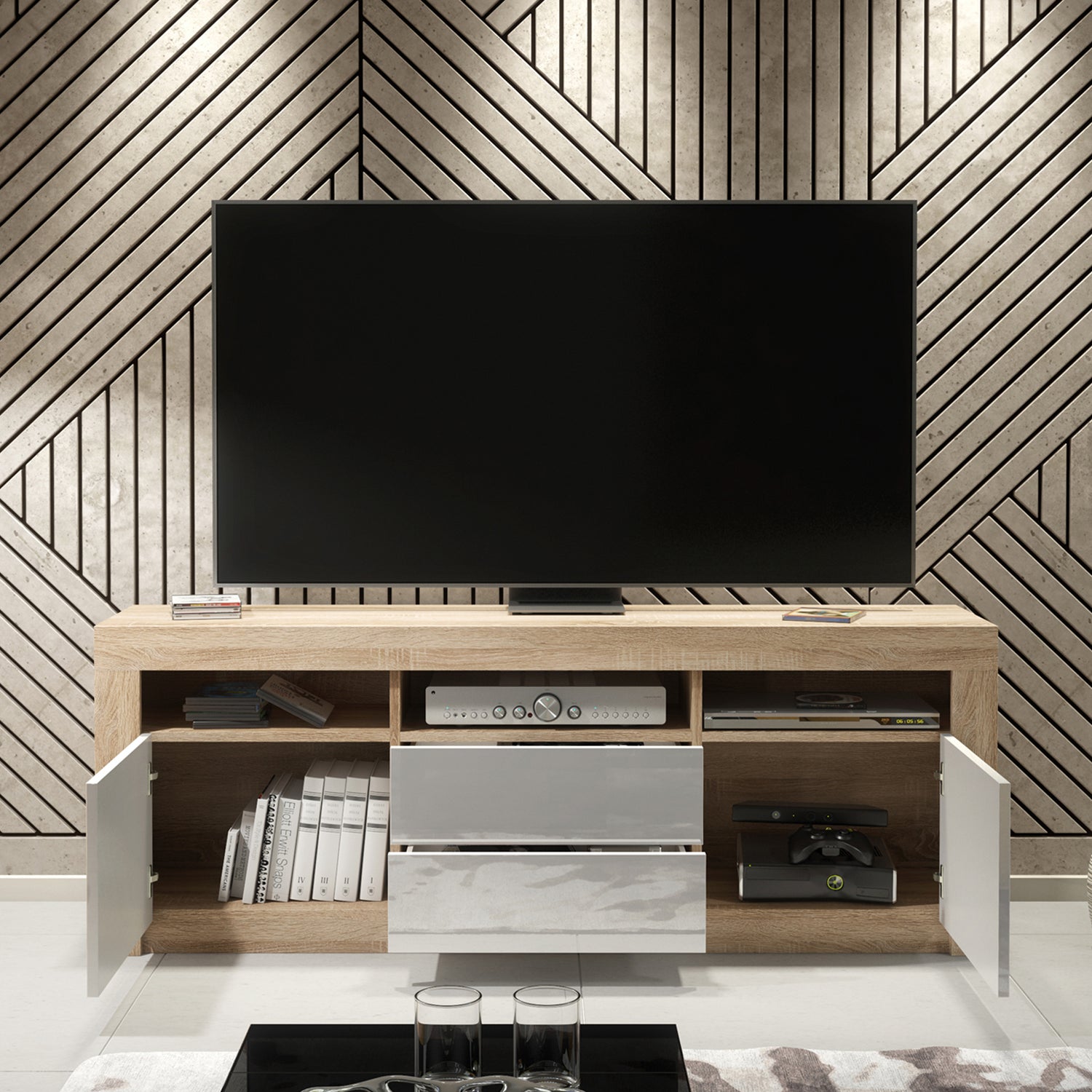TV Stand – 160cm – High Gloss Doors – LED or Non-LED – Modern Storage Cabinet – LUNARO