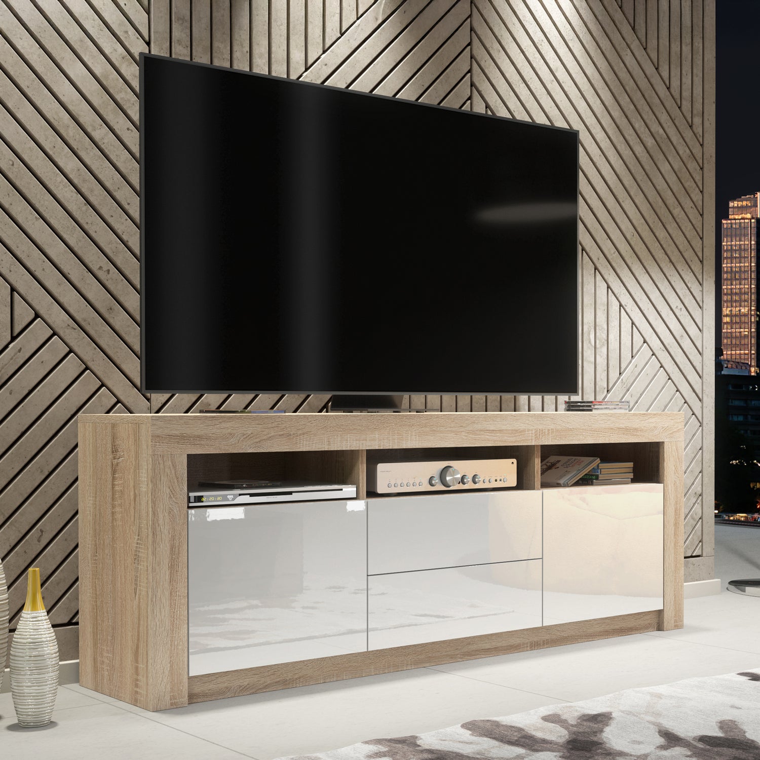 TV Stand – 160cm – High Gloss Doors – LED or Non-LED – Modern Storage Cabinet – LUNARO