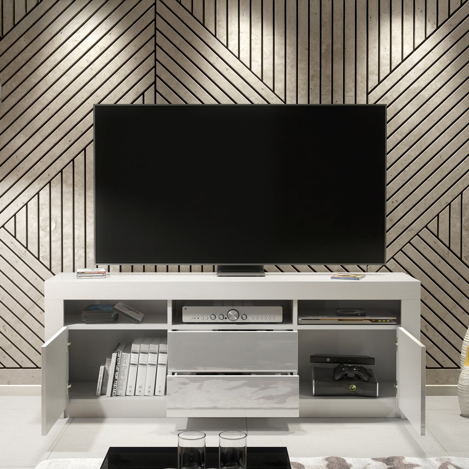 TV Stand – 160cm – High Gloss Doors – LED or Non-LED – Modern Storage Cabinet – LUNARO