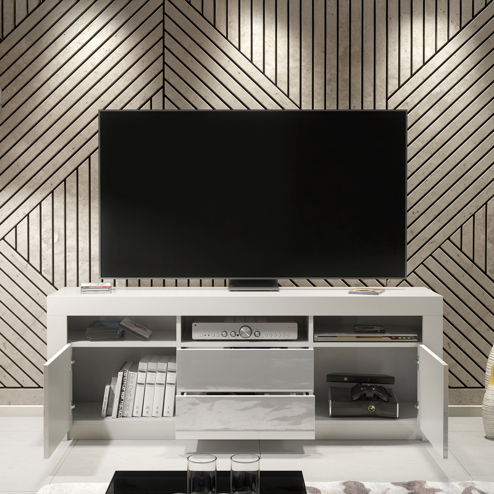 TV Stand – 160cm – High Gloss Doors – LED or Non-LED – Modern Storage Cabinet – LUNARO