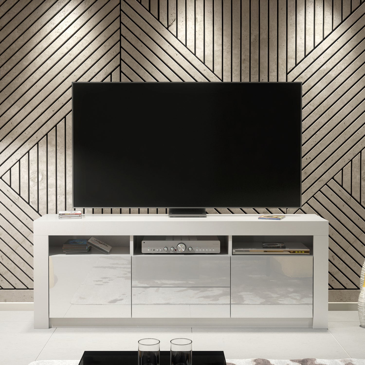 TV Stand – 160cm – High Gloss Doors – LED or Non-LED – Modern Storage Cabinet – LUNARO