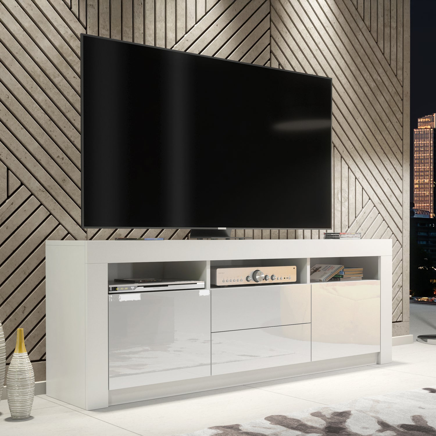 TV Stand – 160cm – High Gloss Doors – LED or Non-LED – Modern Storage Cabinet – LUNARO