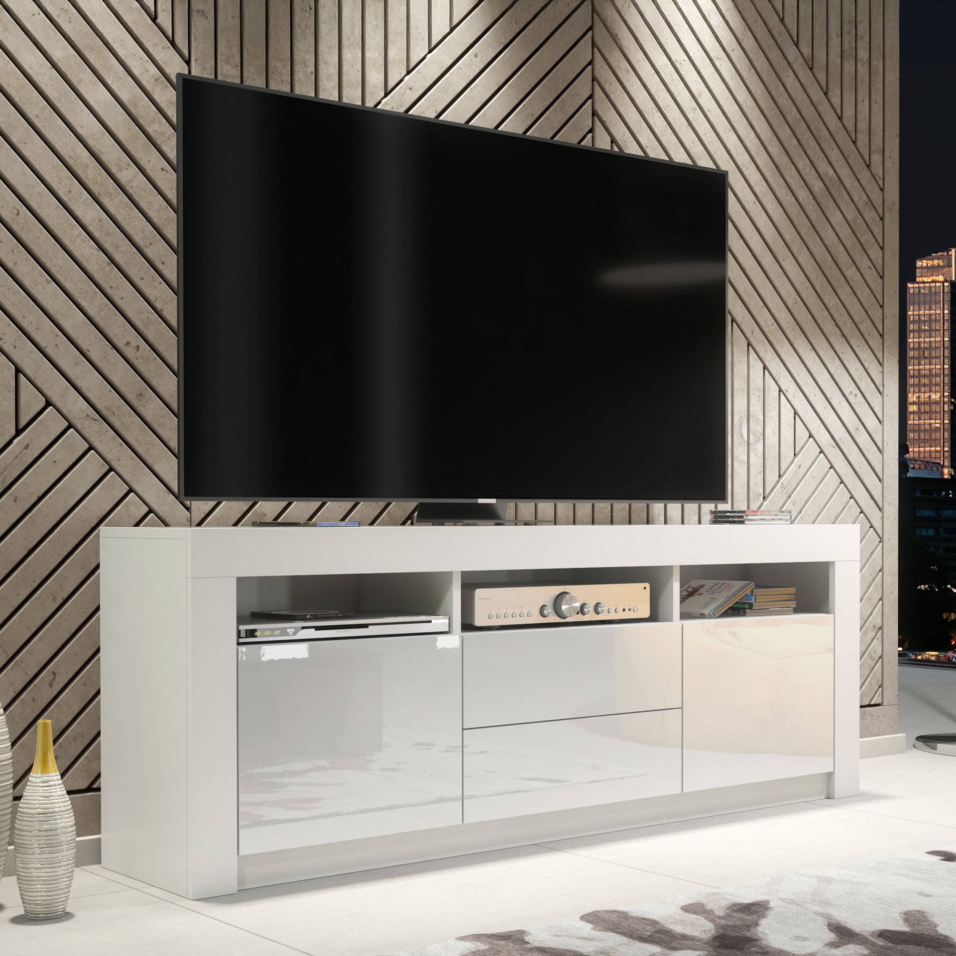 TV Stand – 160cm – High Gloss Doors – LED or Non-LED – Modern Storage Cabinet – LUNARO