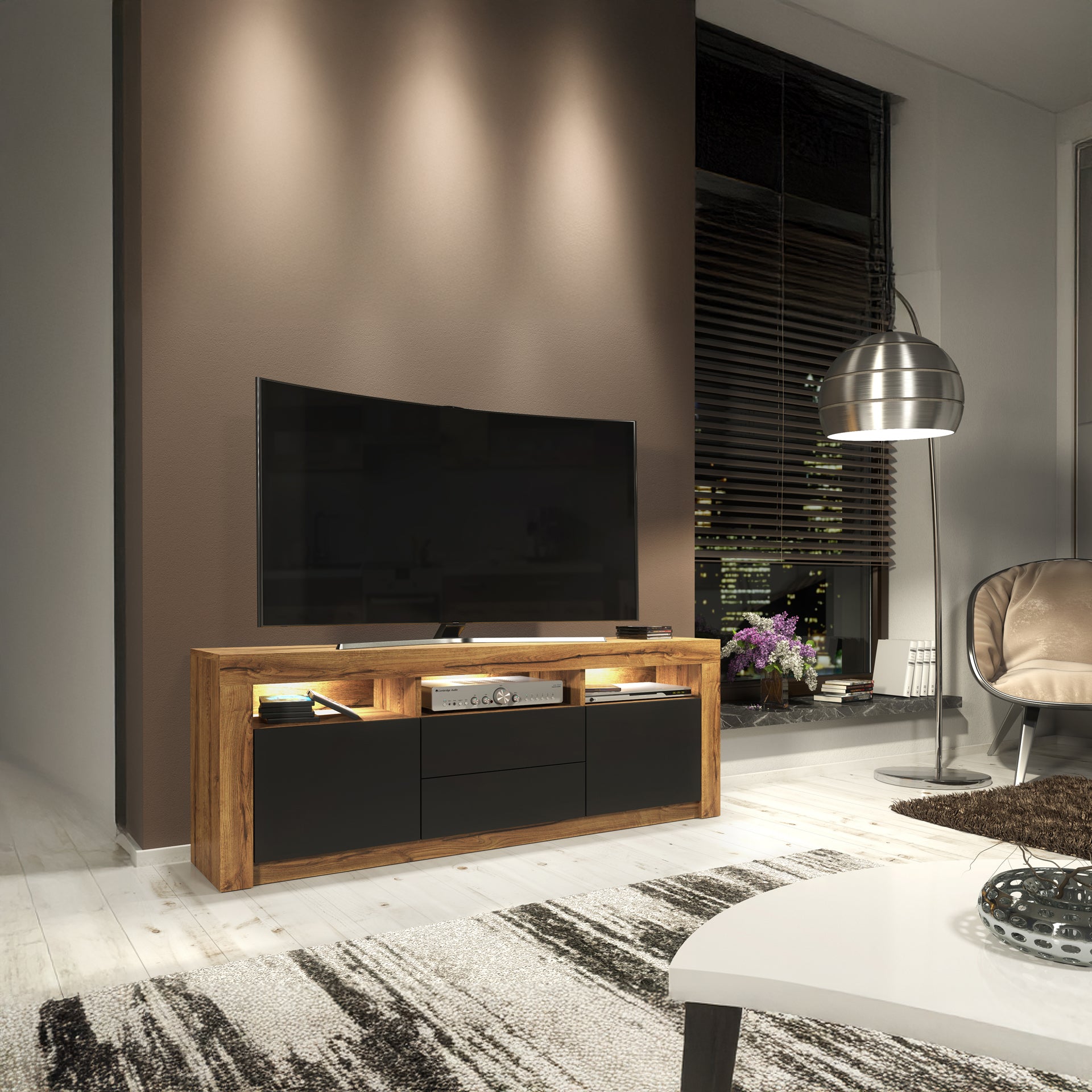 TV Stand – 160cm – High Gloss Doors – LED or Non-LED – Modern Storage Cabinet – LUNARO