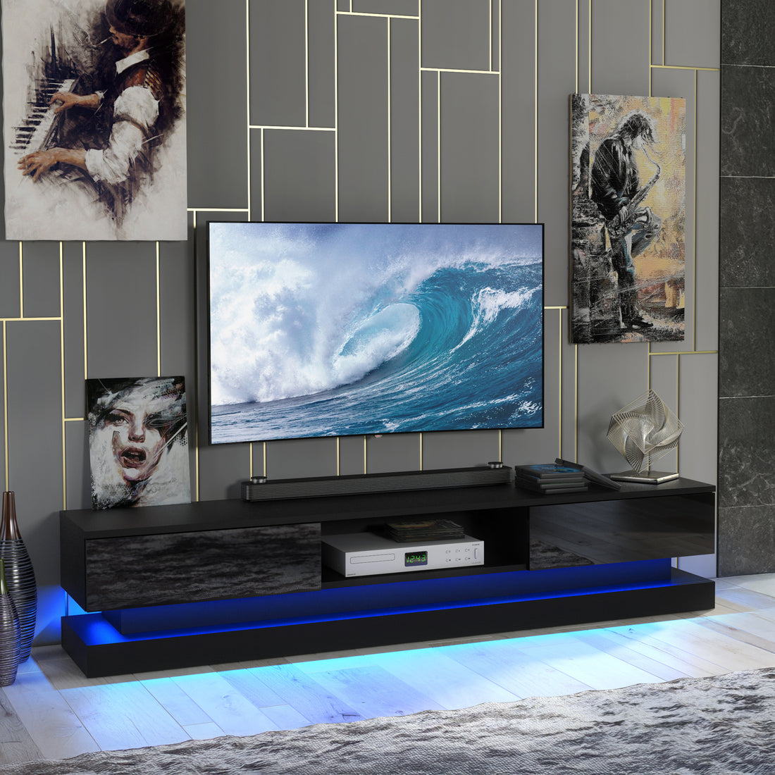 TV Stand – 180cm – High Gloss Doors – LED or Non-LED – Floating Base Design  – STRADA