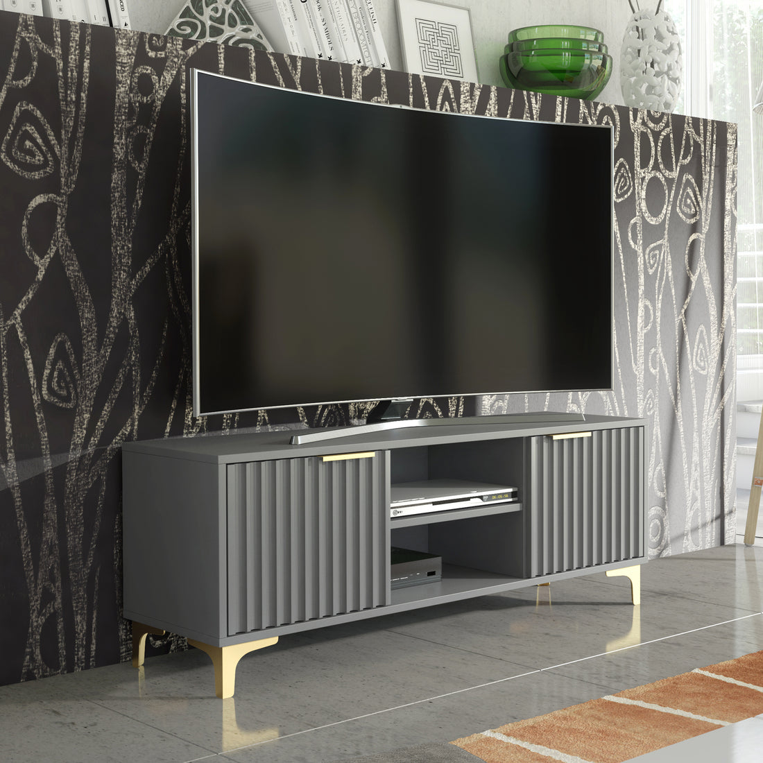 TV Stand – 120cm – Grooved Doors – Gold Legs – Modern Storage Unit – LIVARO Collection