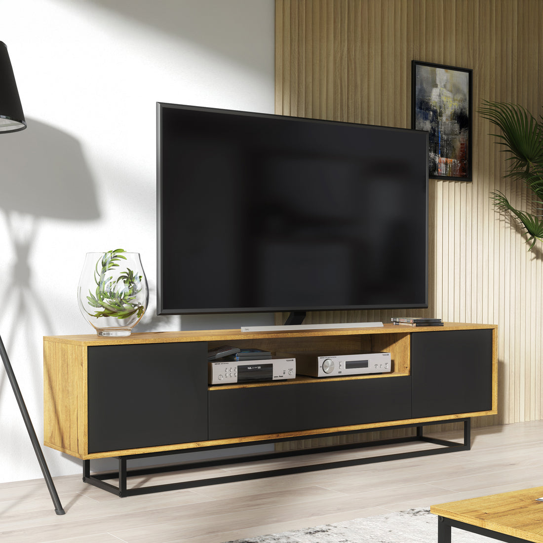 TV Stand 200cm – Push to Open Doors & Drawer – Oak – FERRANO Collection