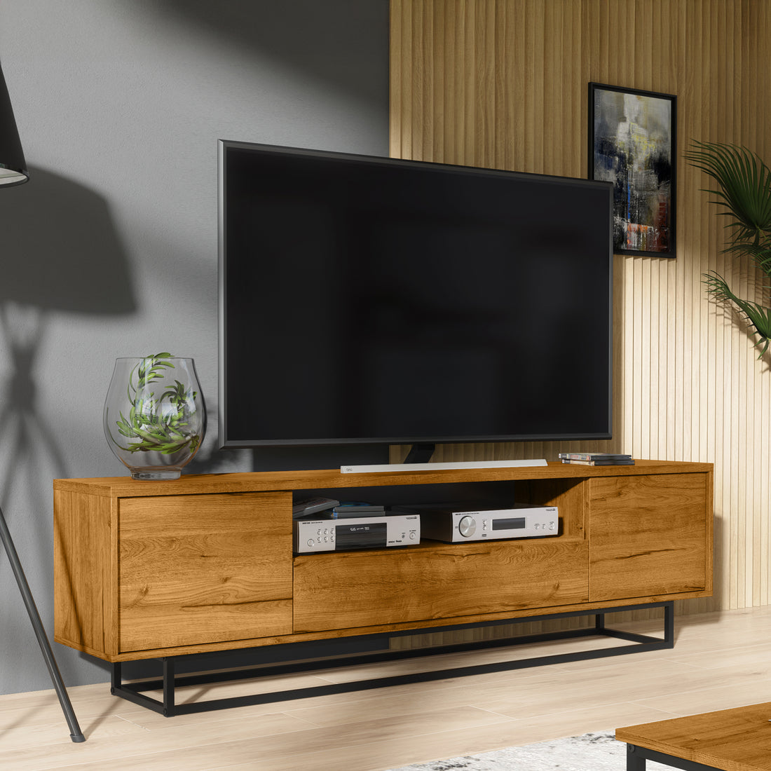 TV Stand 200cm – Push to Open Doors & Drawer – Oak – FERRANO Collection