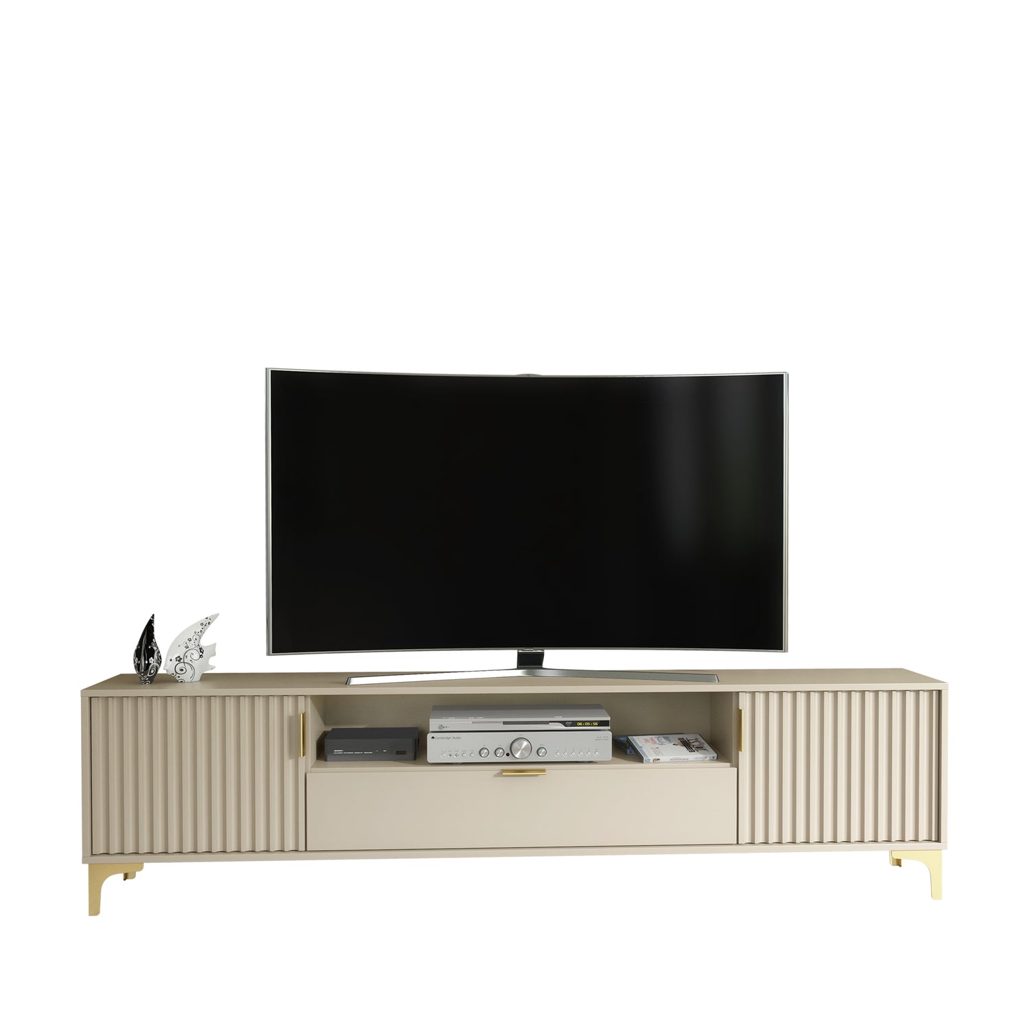 TV Stand – 200cm – Grooved Doors – Gold Legs – Storage Drawer – LIVARO Collection