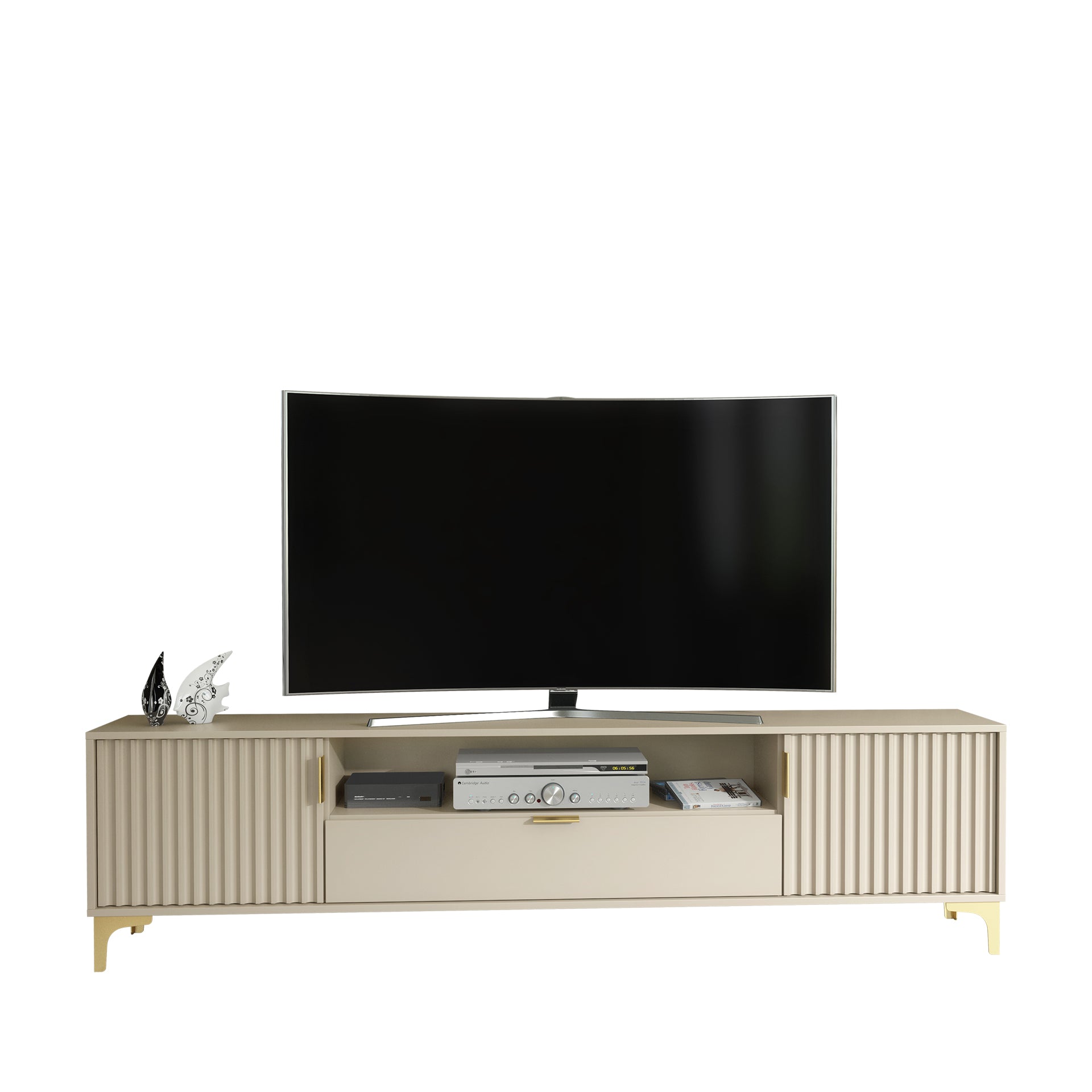 TV Stand – 200cm – Grooved Doors – Gold Legs – Storage Drawer – LIVARO Collection