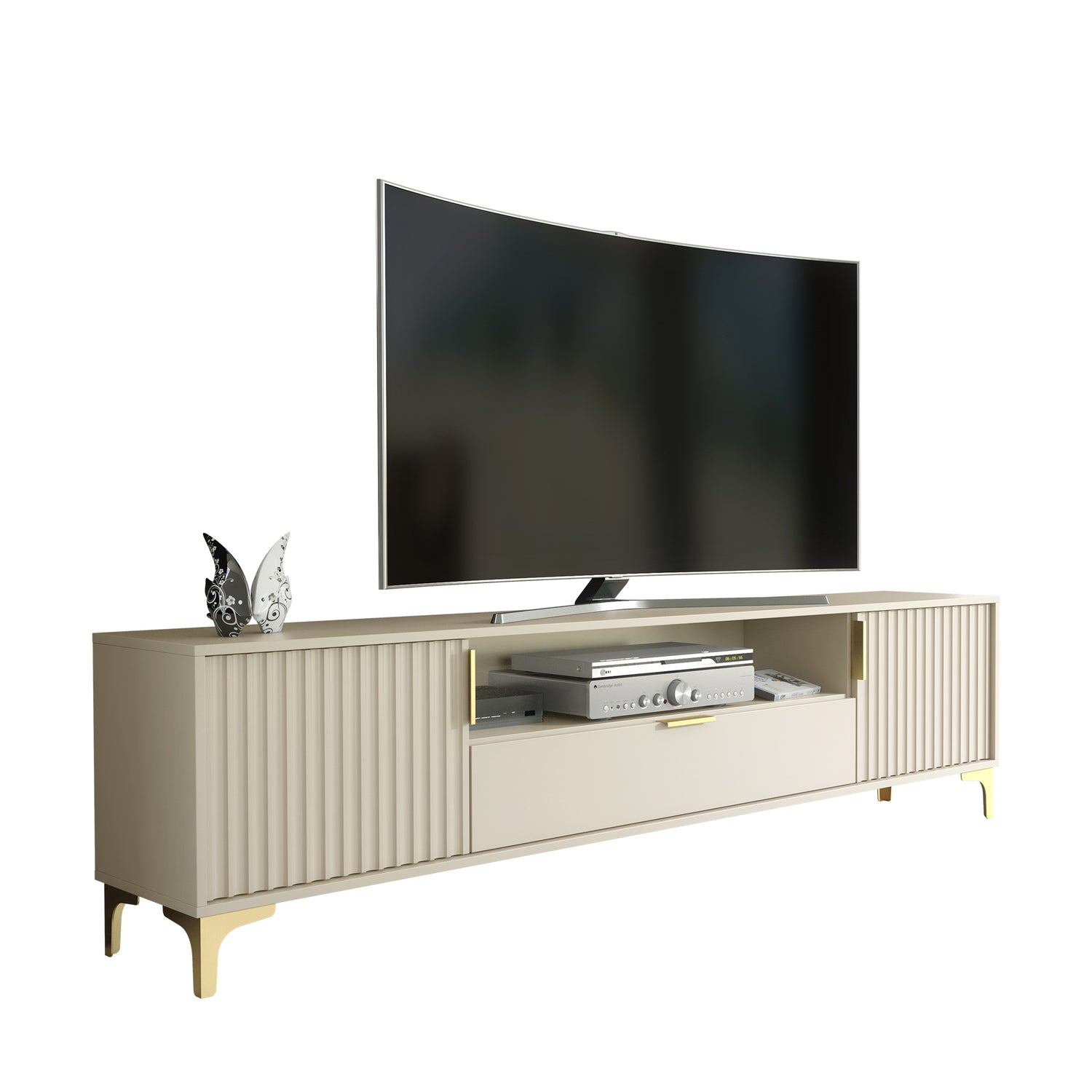 TV Stand – 200cm – Grooved Doors – Gold Legs – Storage Drawer – LIVARO Collection