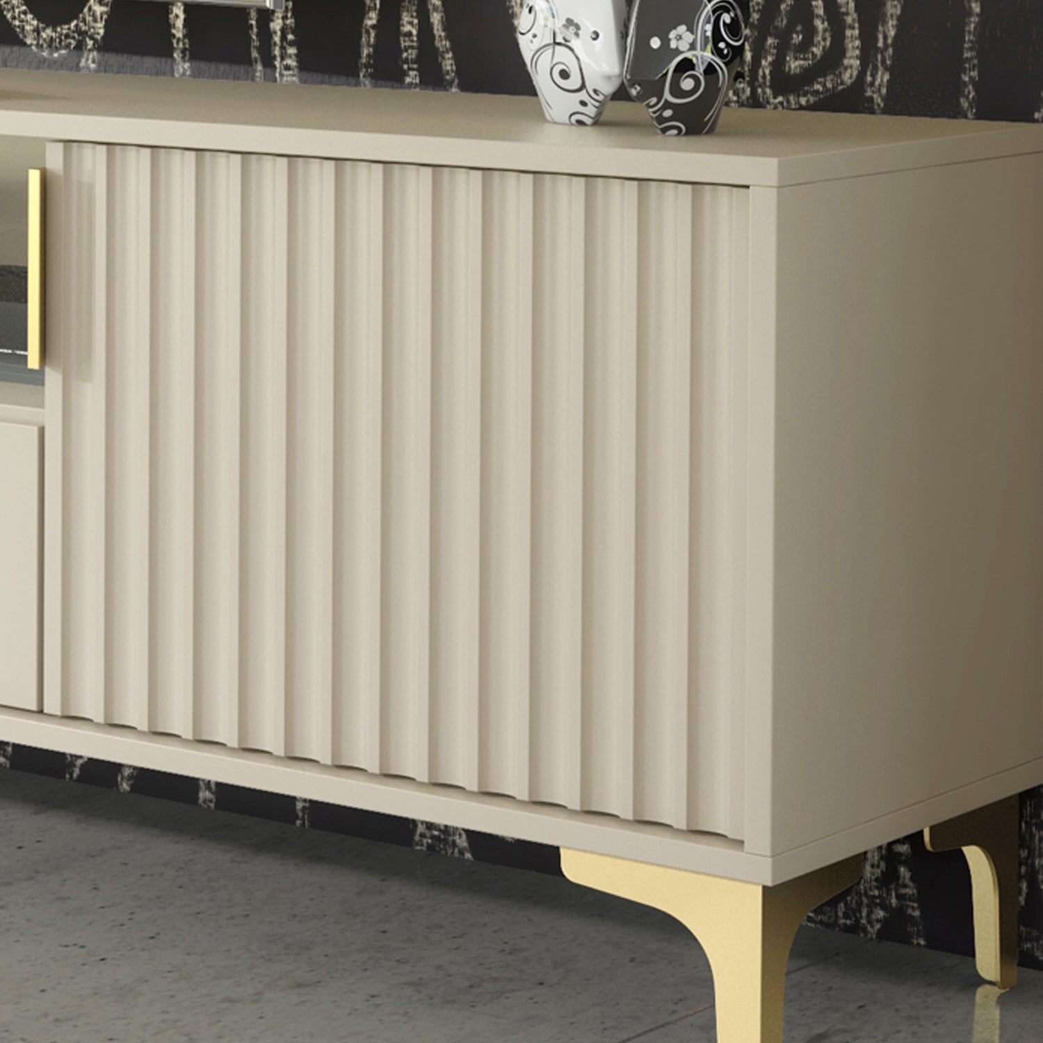 TV Stand – 200cm – Grooved Doors – Gold Legs – Storage Drawer – LIVARO Collection