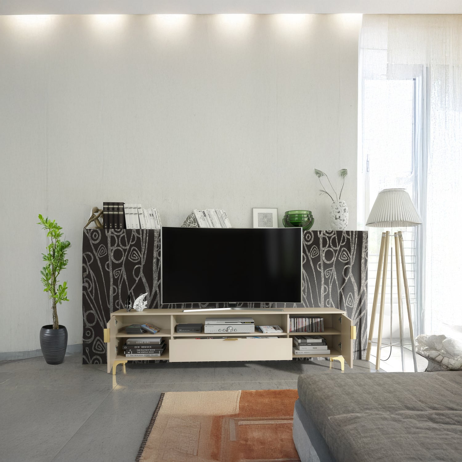 TV Stand – 200cm – Grooved Doors – Gold Legs – Storage Drawer – LIVARO Collection