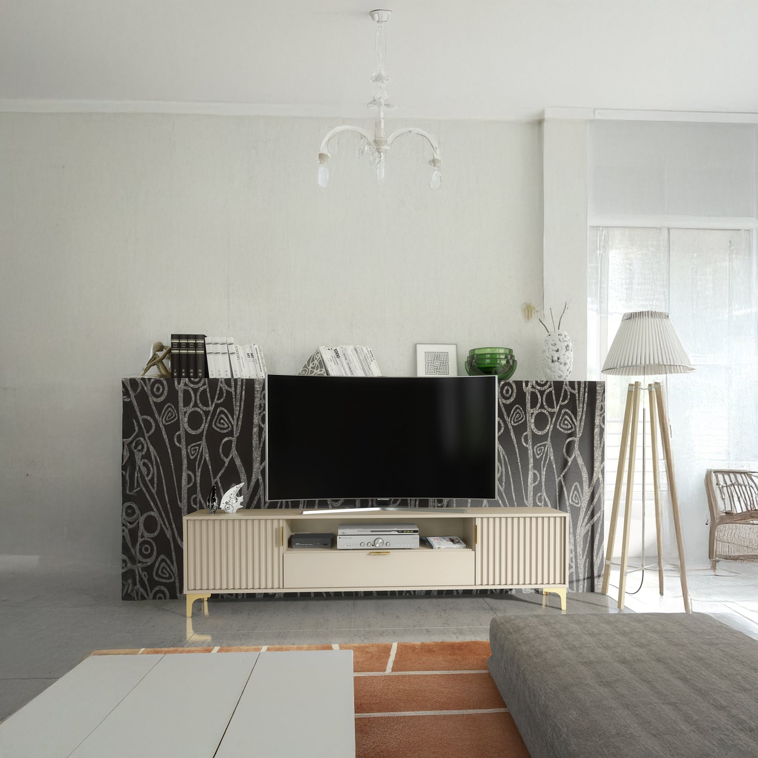 TV Stand – 200cm – Grooved Doors – Gold Legs – Storage Drawer – LIVARO Collection