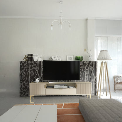 TV Stand – 200cm – Grooved Doors – Gold Legs – Storage Drawer – LIVARO Collection