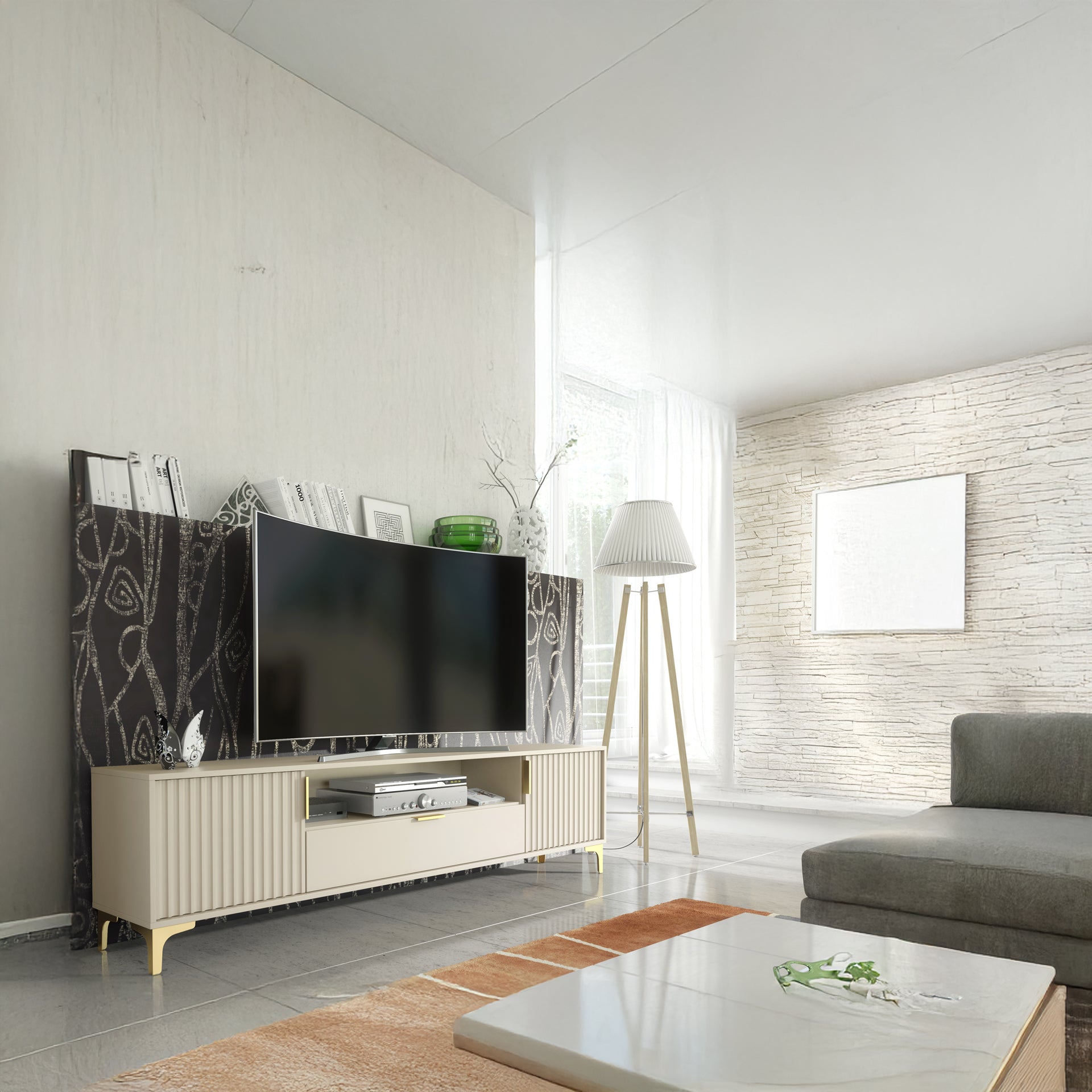 TV Stand – 200cm – Grooved Doors – Gold Legs – Storage Drawer – LIVARO Collection