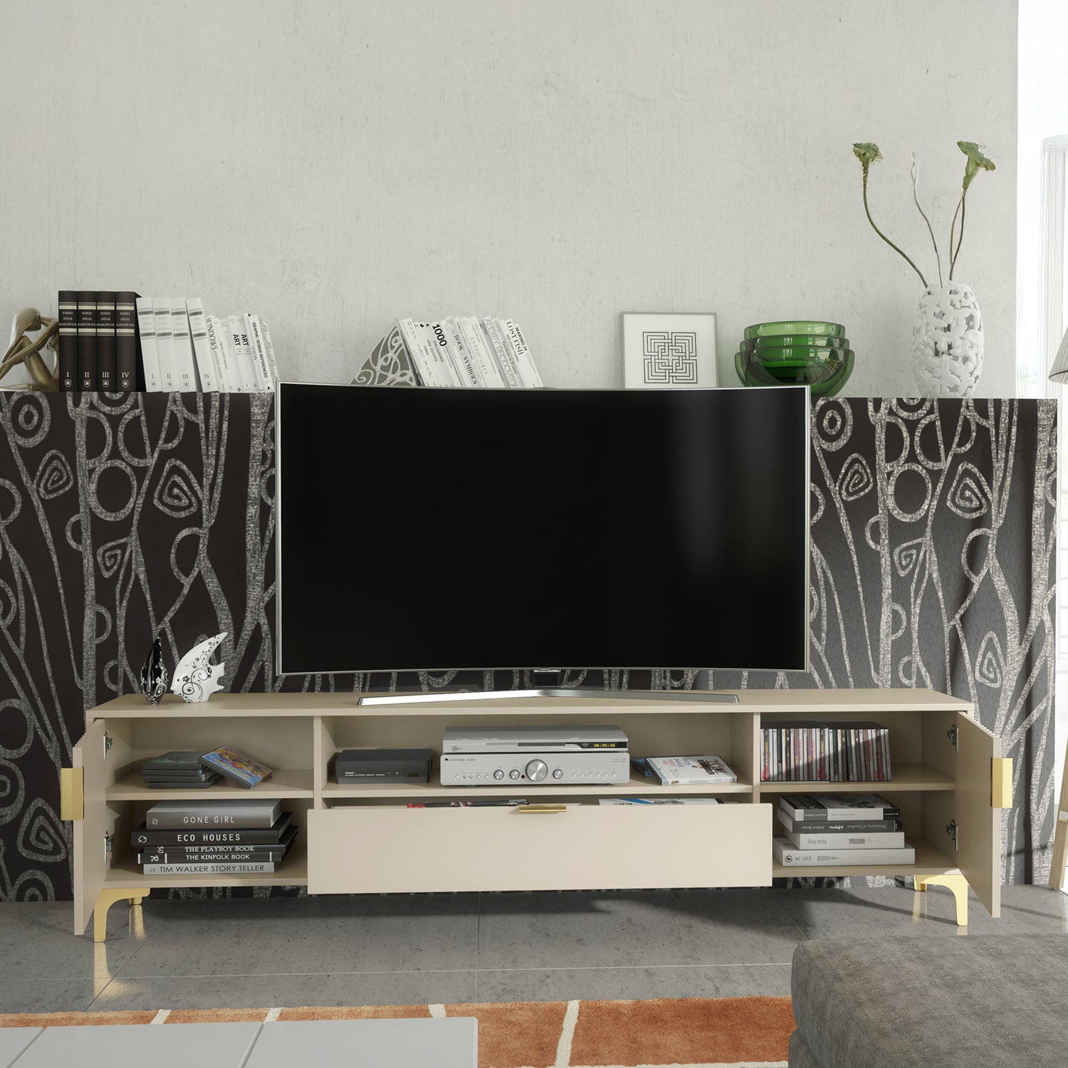 TV Stand – 200cm – Grooved Doors – Gold Legs – Storage Drawer – LIVARO Collection