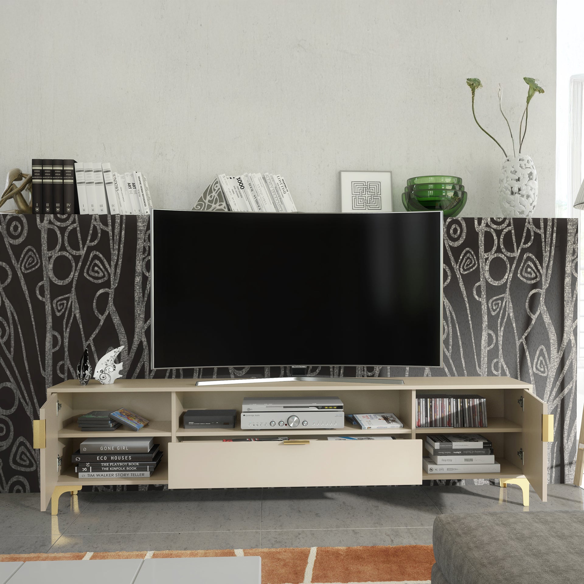 TV Stand – 200cm – Grooved Doors – Gold Legs – Storage Drawer – LIVARO Collection