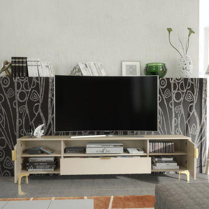 TV Stand – 200cm – Grooved Doors – Gold Legs – Storage Drawer – LIVARO Collection