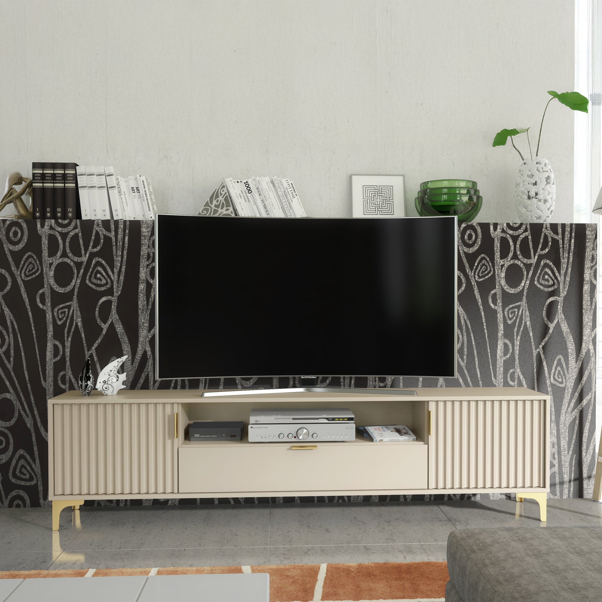 TV Stand – 200cm – Grooved Doors – Gold Legs – Storage Drawer – LIVARO Collection
