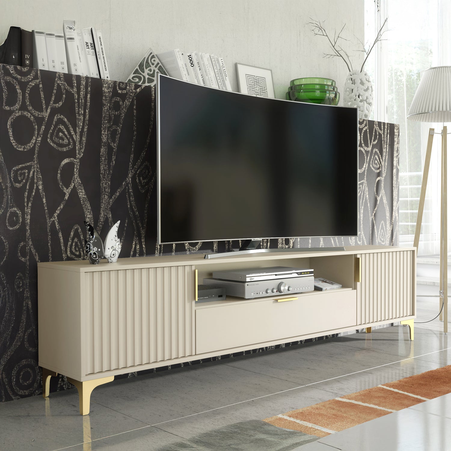 TV Stand – 200cm – Grooved Doors – Gold Legs – Storage Drawer – LIVARO Collection